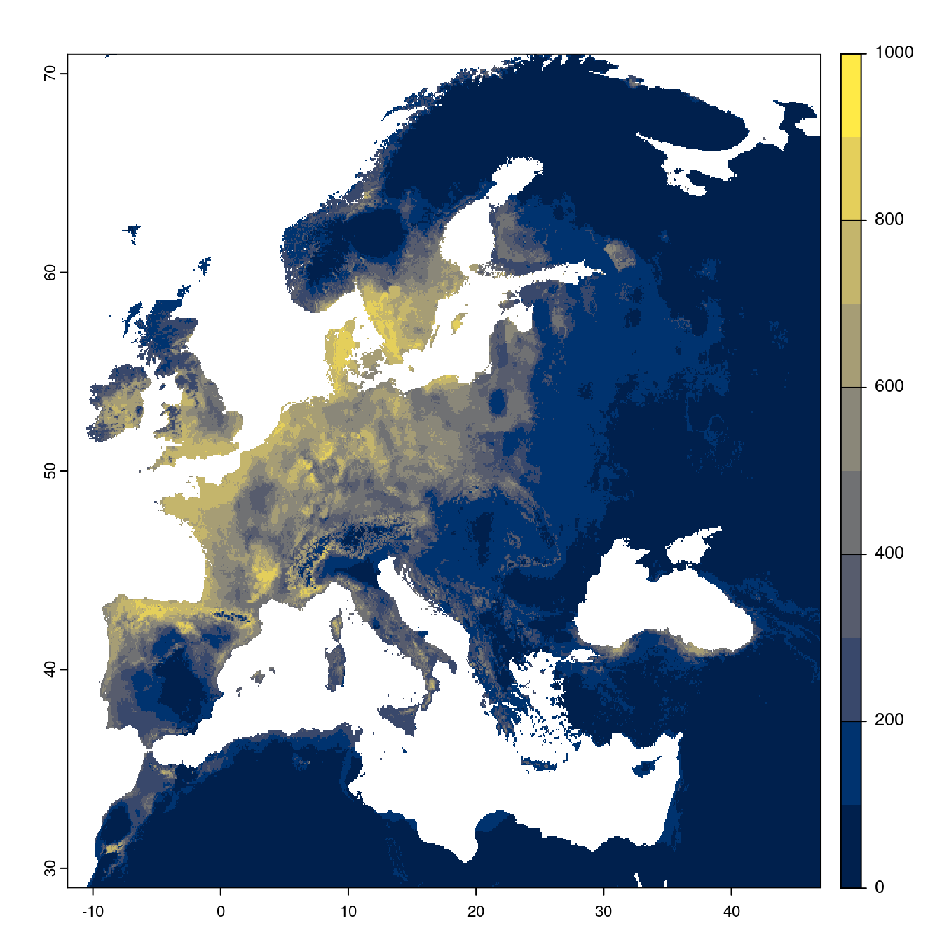 Projection des distributions potentielles futures jusqu'à l'horizon 2100 sous le scénario SSP3-7.0 (modèle d'ensemble).