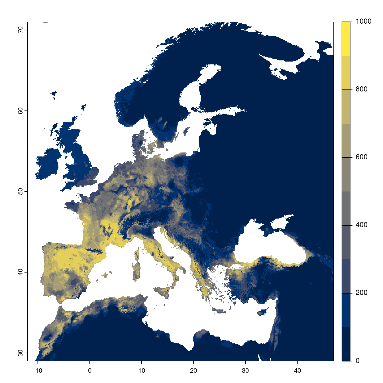 Projection des distributions potentielles futures jusqu'à l'horizon 2100 sous le scénario SSP5-8.5 (modèle d'ensemble).