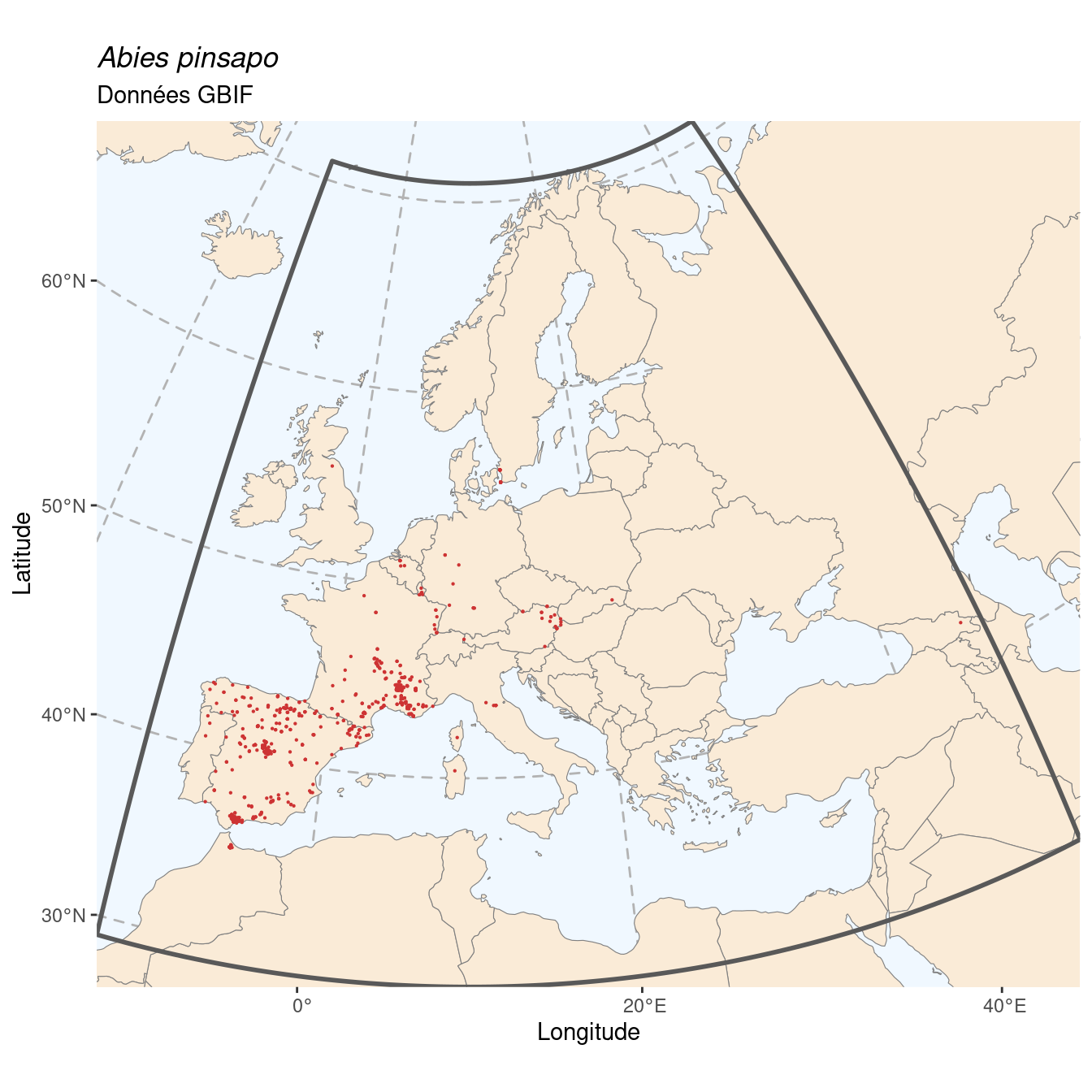 Occurrence de Abies pinsapo dans la région d'endémisme.