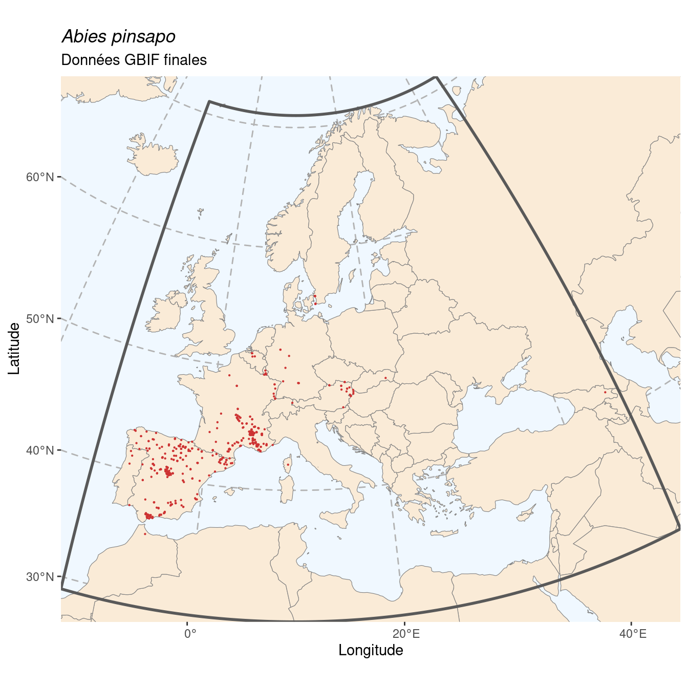 Occurrence de Abies pinsapo dans la région d'endémisme après sous-échantillonnage éventuel.