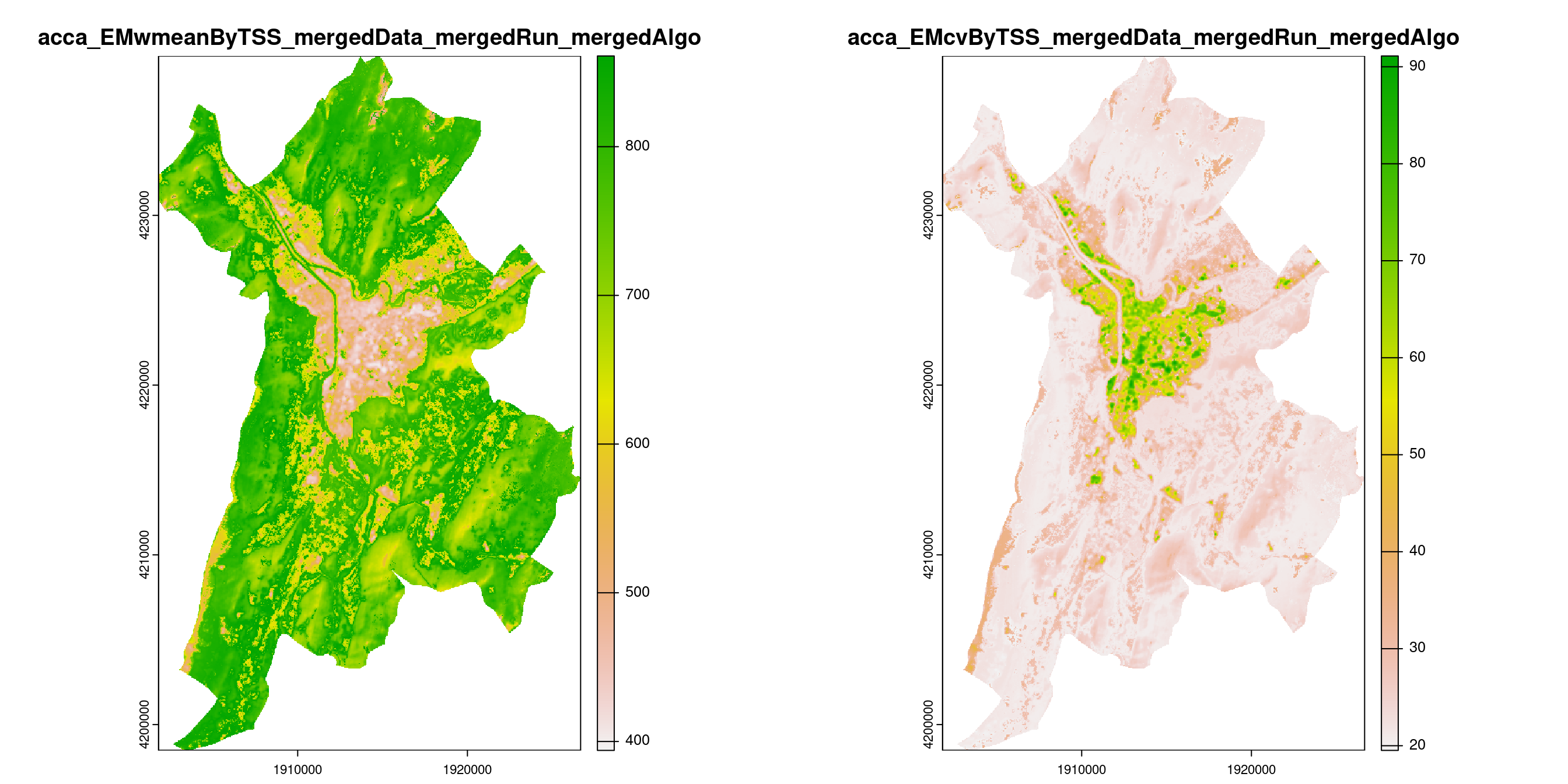 A) Projection de la distribution potentielle contemporaine (modèle d'ensemble) sur la métropole de Grenoble ; B) Incertitude associée à la projection.