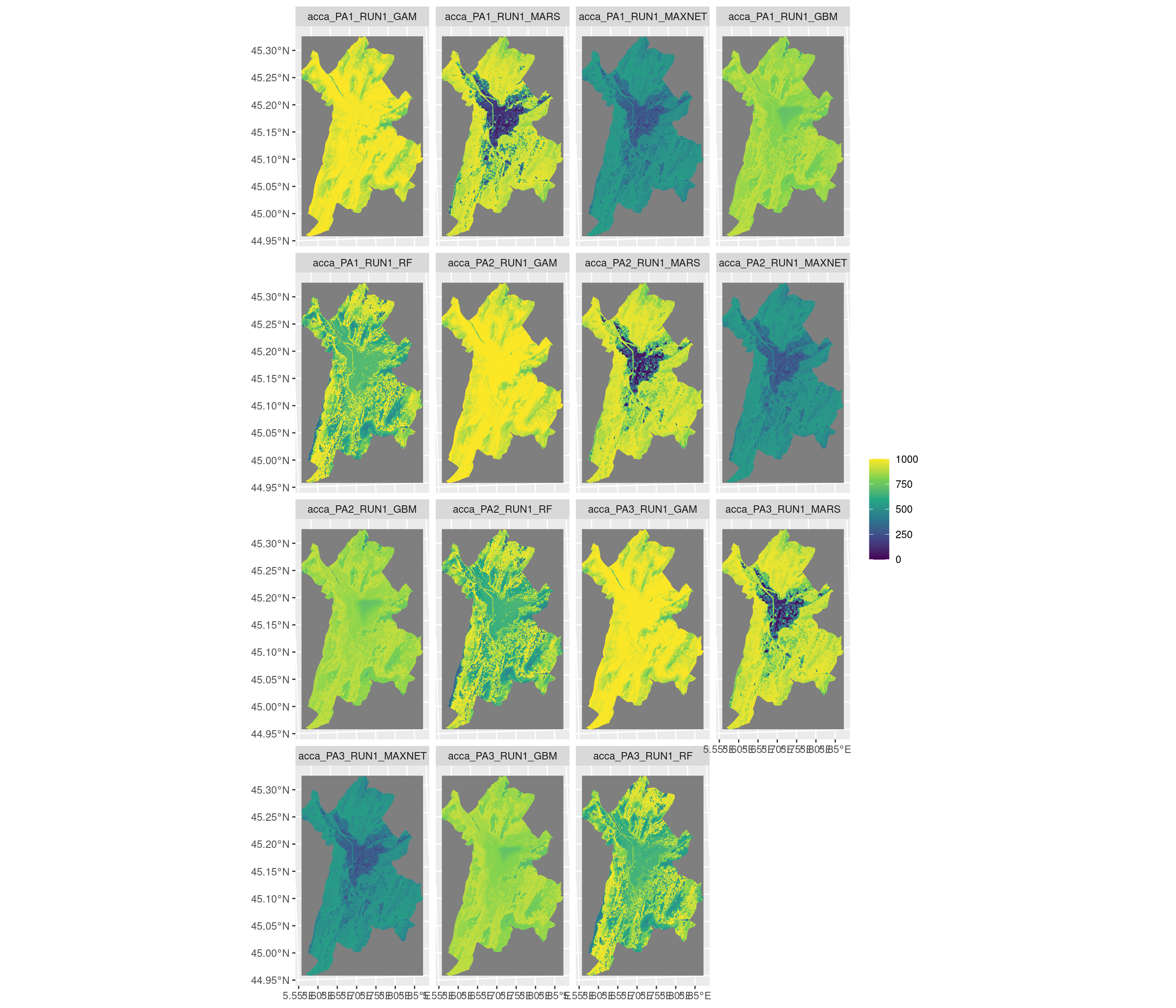 Projection de la distribution potentielle contemporaine sur la métropole de Grenoble, selon les 6 algorithmes et les 3 runs.