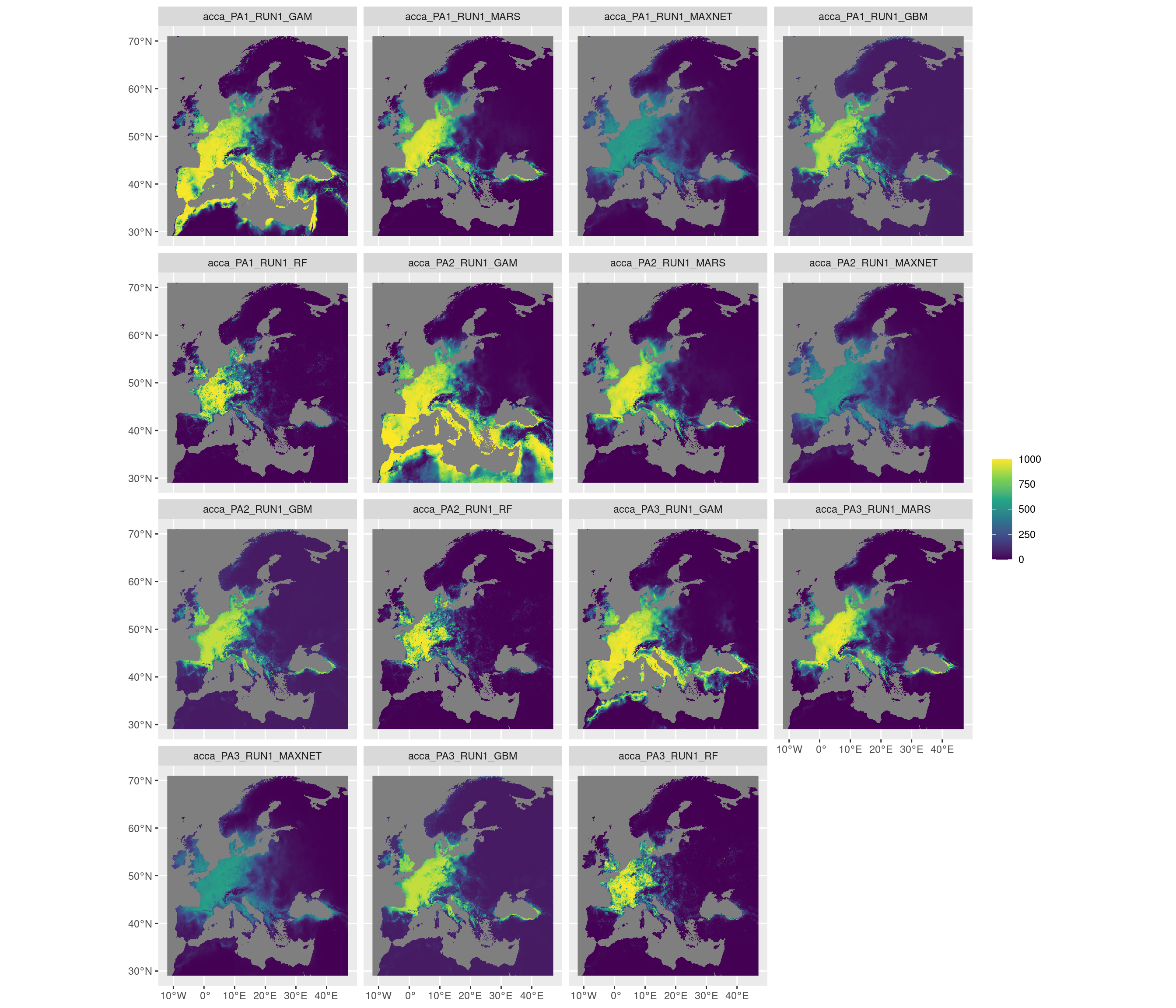 Projection de la distribution potentielle contemporaine sur l'Europe, selon les 6 algorithmes et les 3 runs.