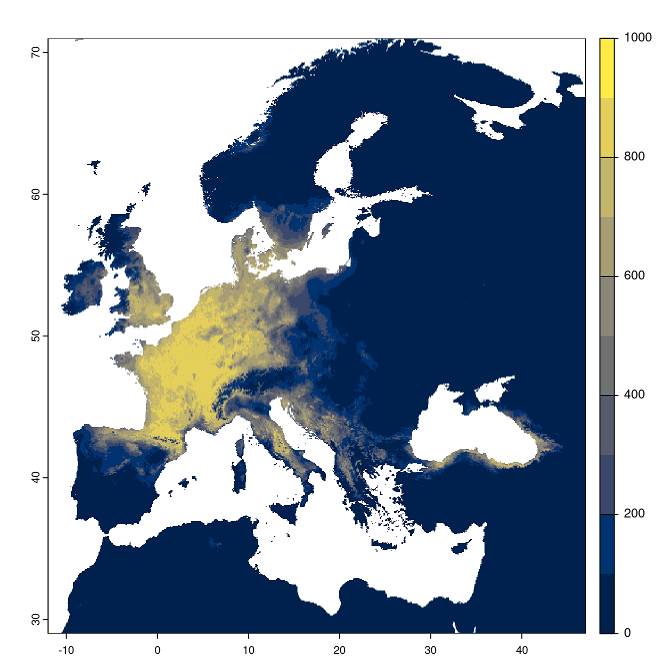 Projection des distributions potentielles futures jusqu'à l'horizon 2100 sous le scénario SSP1-2.6 (modèle d'ensemble).