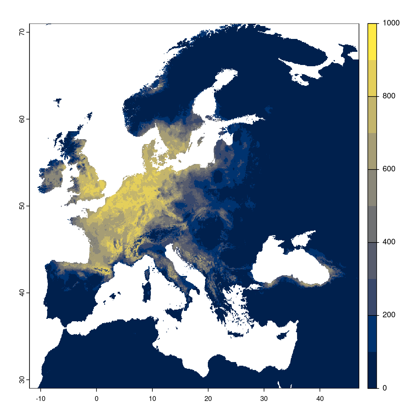 Projection des distributions potentielles futures jusqu'à l'horizon 2100 sous le scénario SSP2-4.5 (modèle d'ensemble).