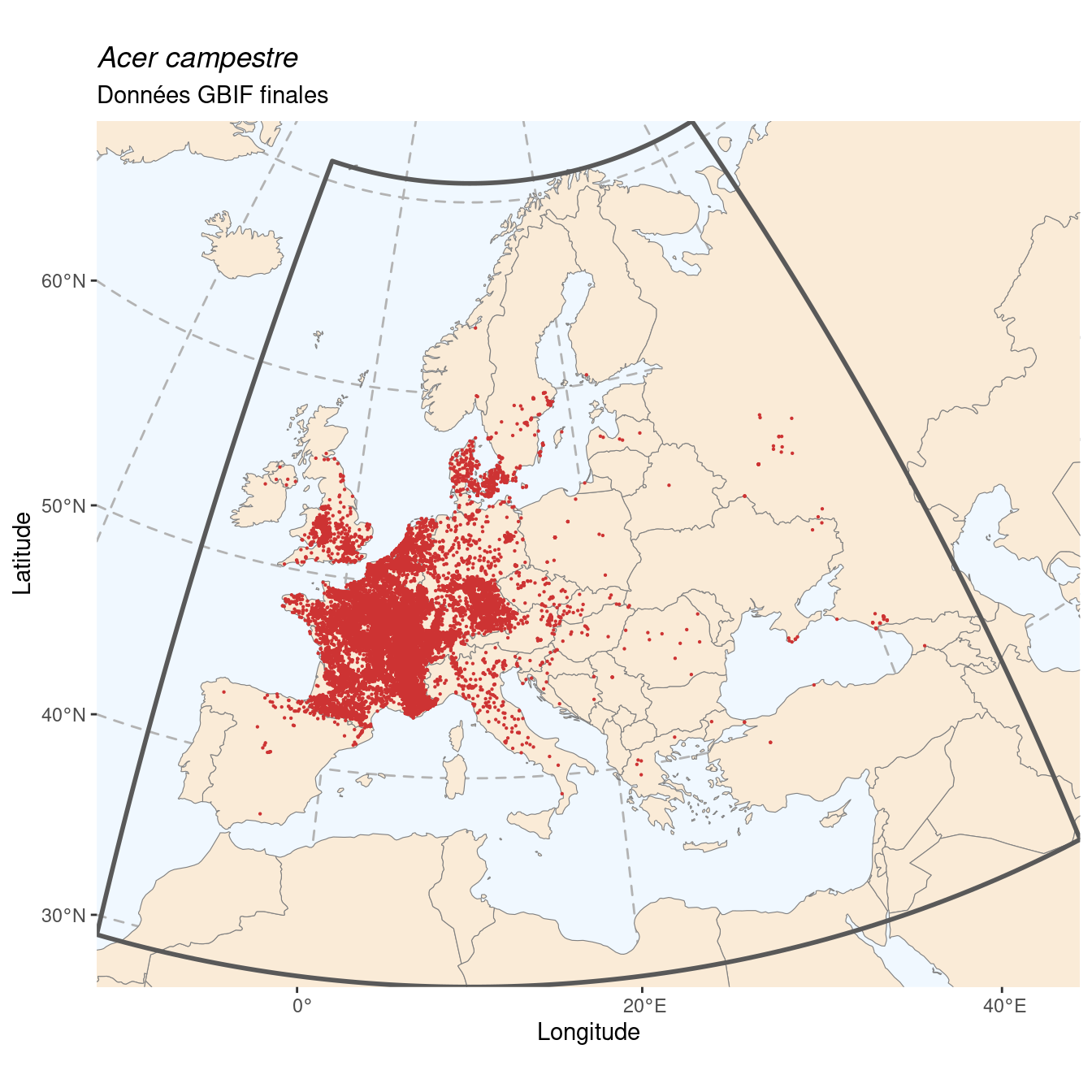 Occurrence de Acer campestre dans la région d'endémisme après sous-échantillonnage éventuel.
