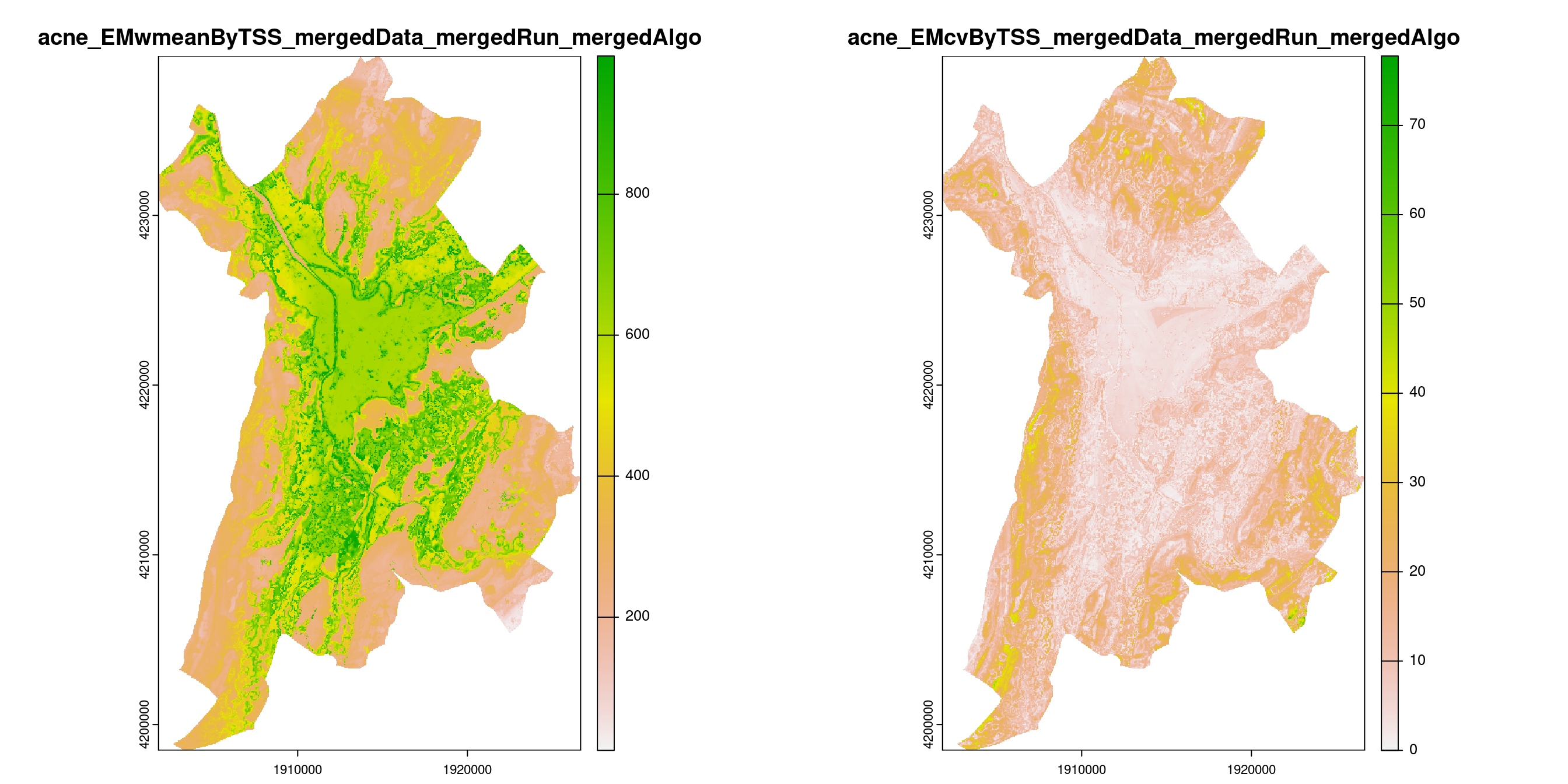 A) Projection de la distribution potentielle contemporaine (modèle d'ensemble) sur la métropole de Grenoble ; B) Incertitude associée à la projection.