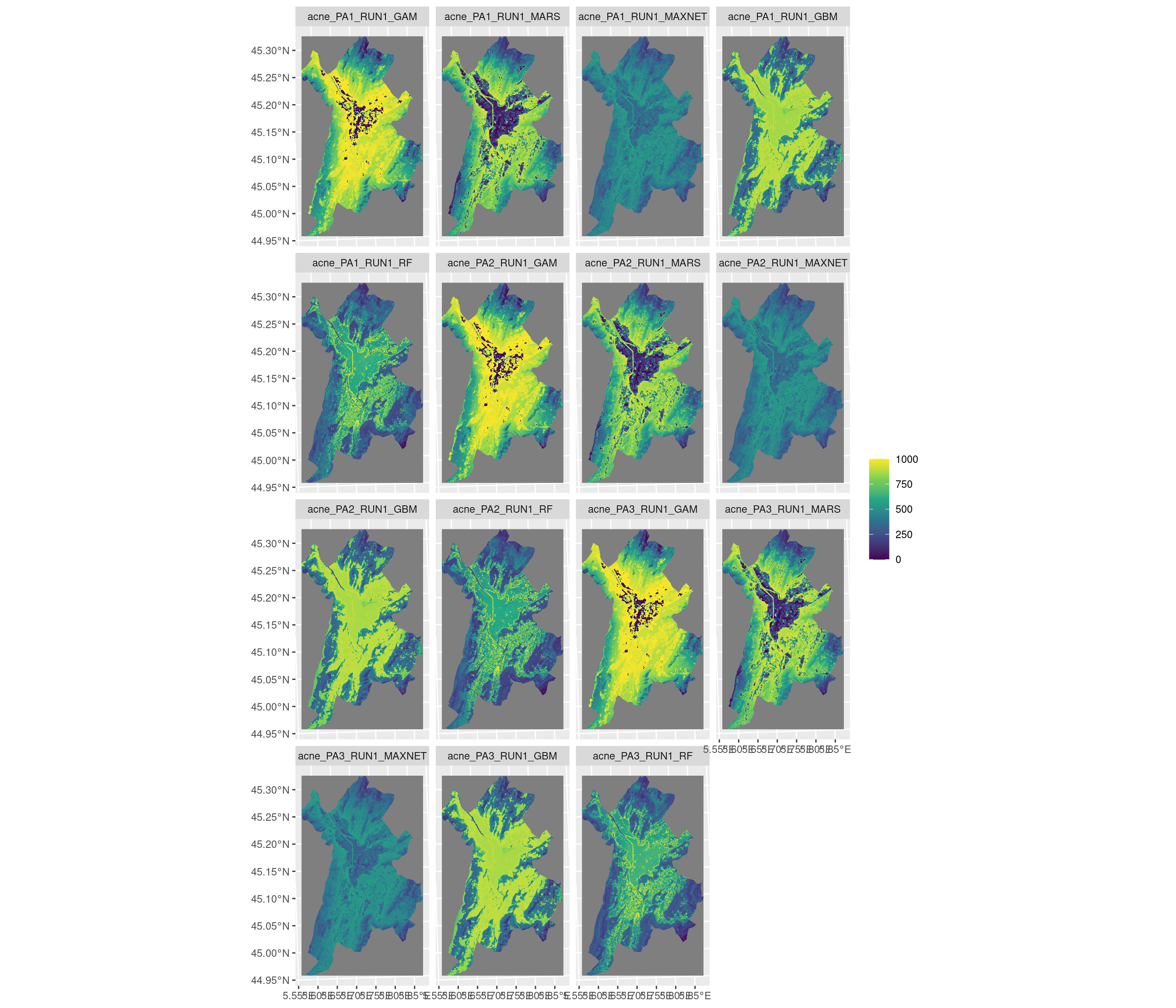 Projection de la distribution potentielle contemporaine sur la métropole de Grenoble, selon les 6 algorithmes et les 3 runs.