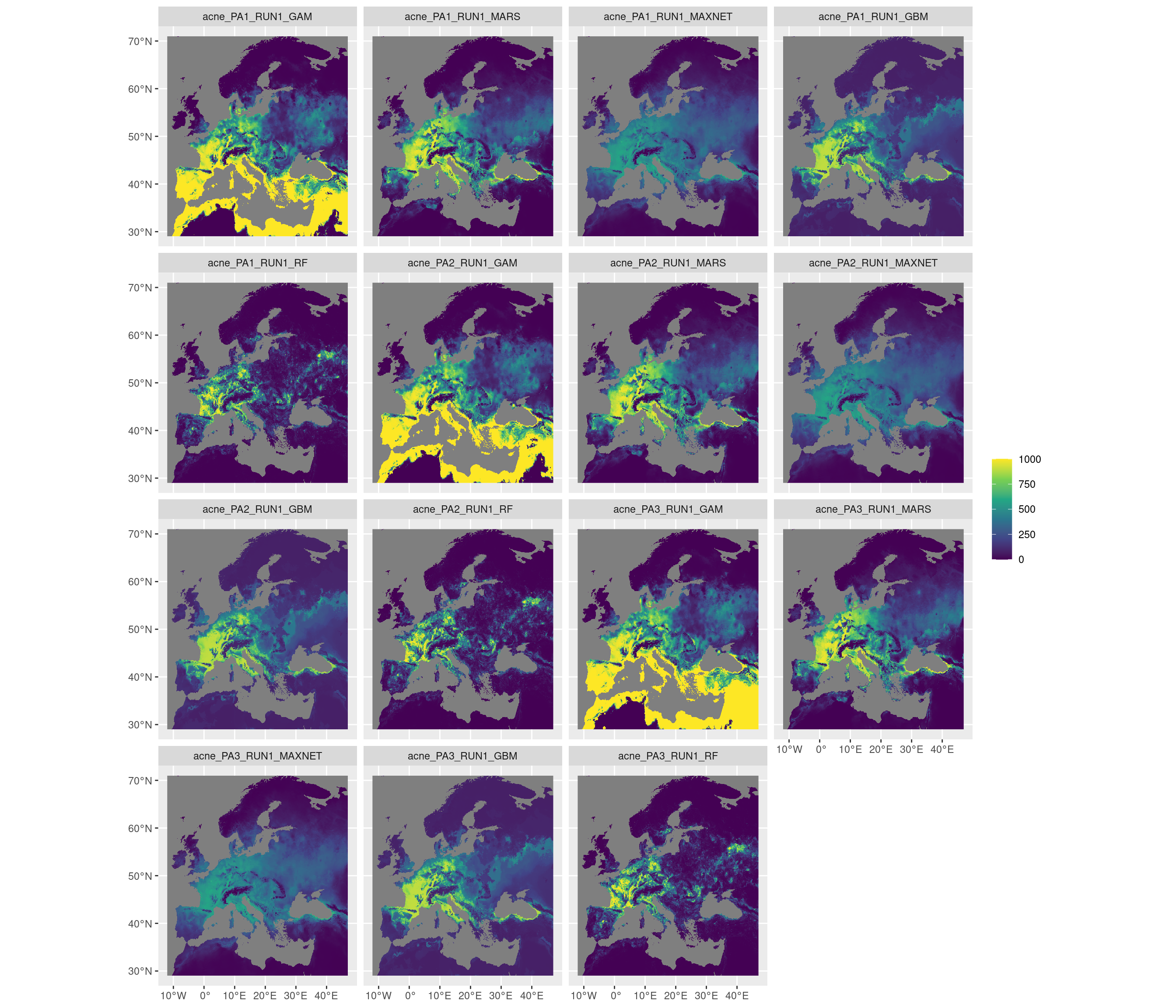 Projection de la distribution potentielle contemporaine sur l'Europe, selon les 6 algorithmes et les 3 runs.