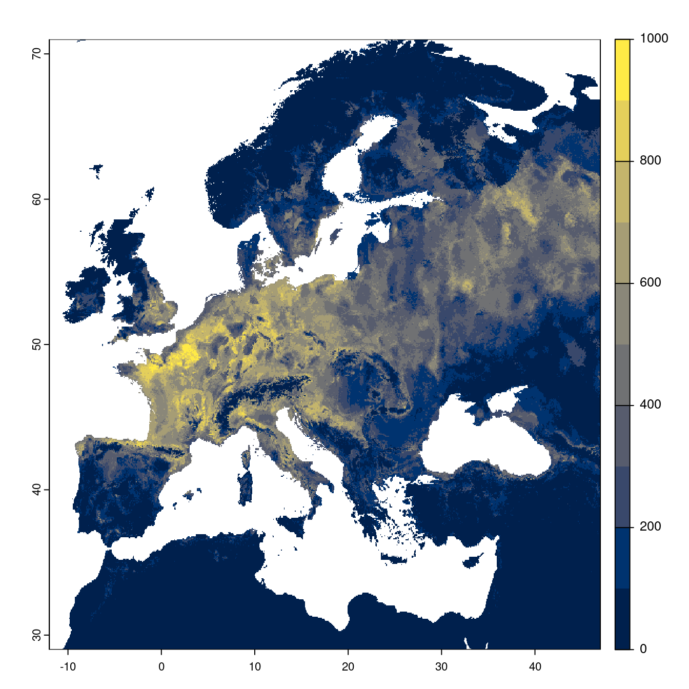 Projection des distributions potentielles futures jusqu'à l'horizon 2100 sous le scénario SSP1-2.6 (modèle d'ensemble).