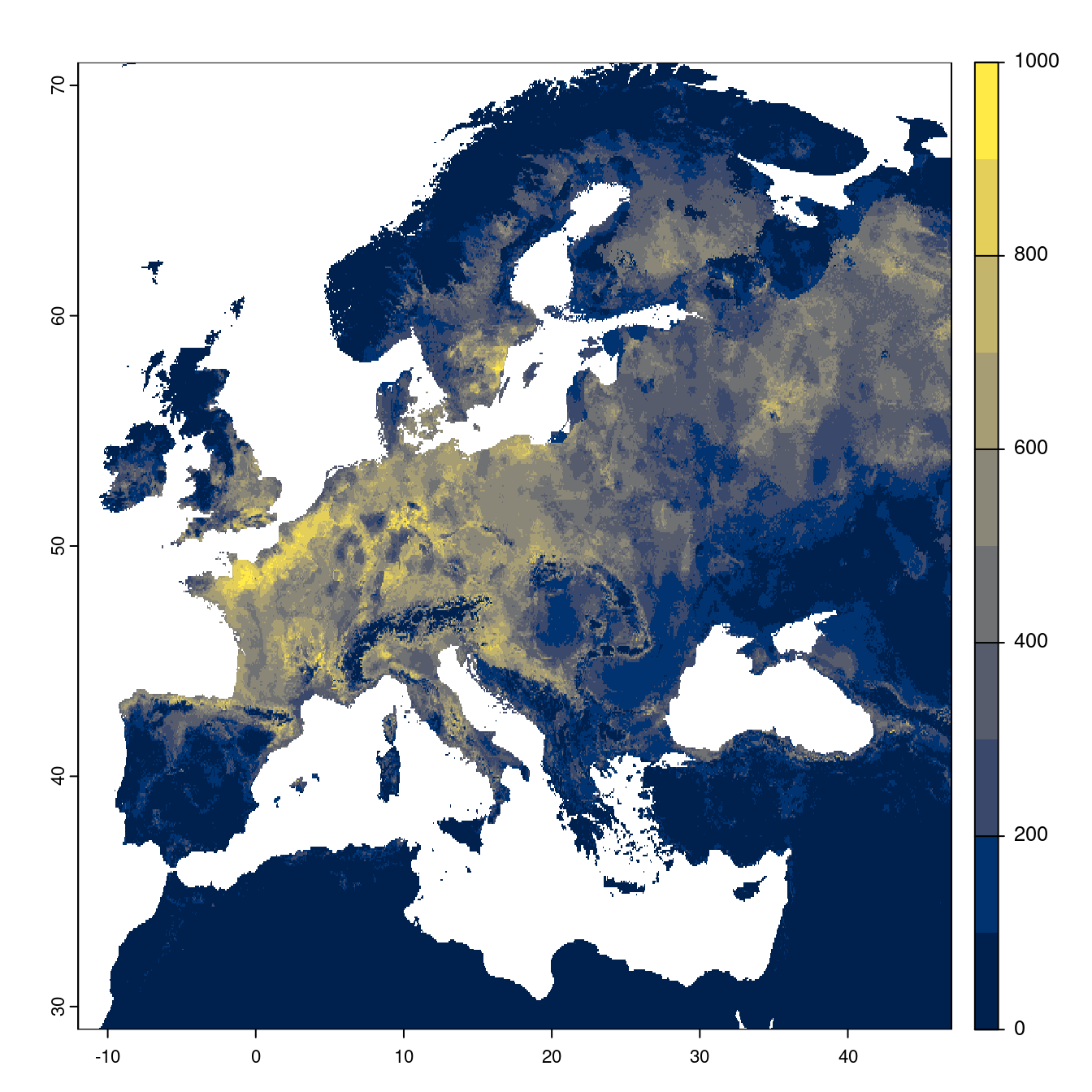 Projection des distributions potentielles futures jusqu'à l'horizon 2100 sous le scénario SSP1-2.6 (modèle d'ensemble).