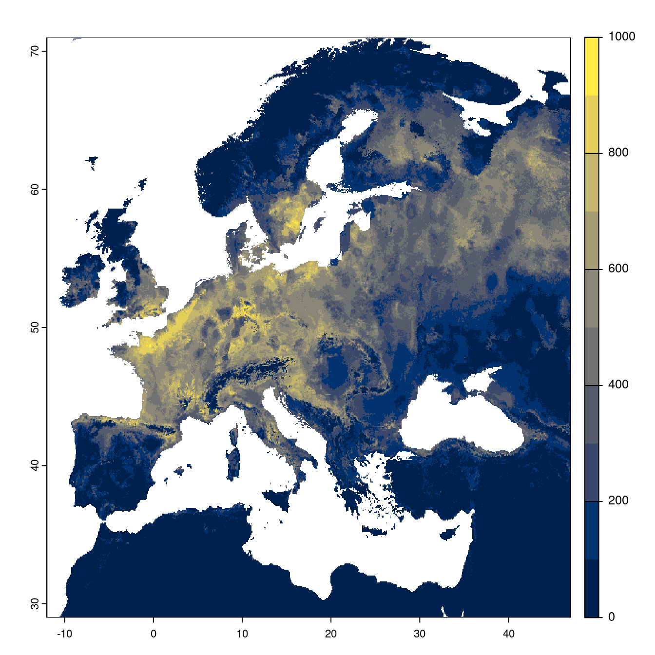 Projection des distributions potentielles futures jusqu'à l'horizon 2100 sous le scénario SSP1-2.6 (modèle d'ensemble).