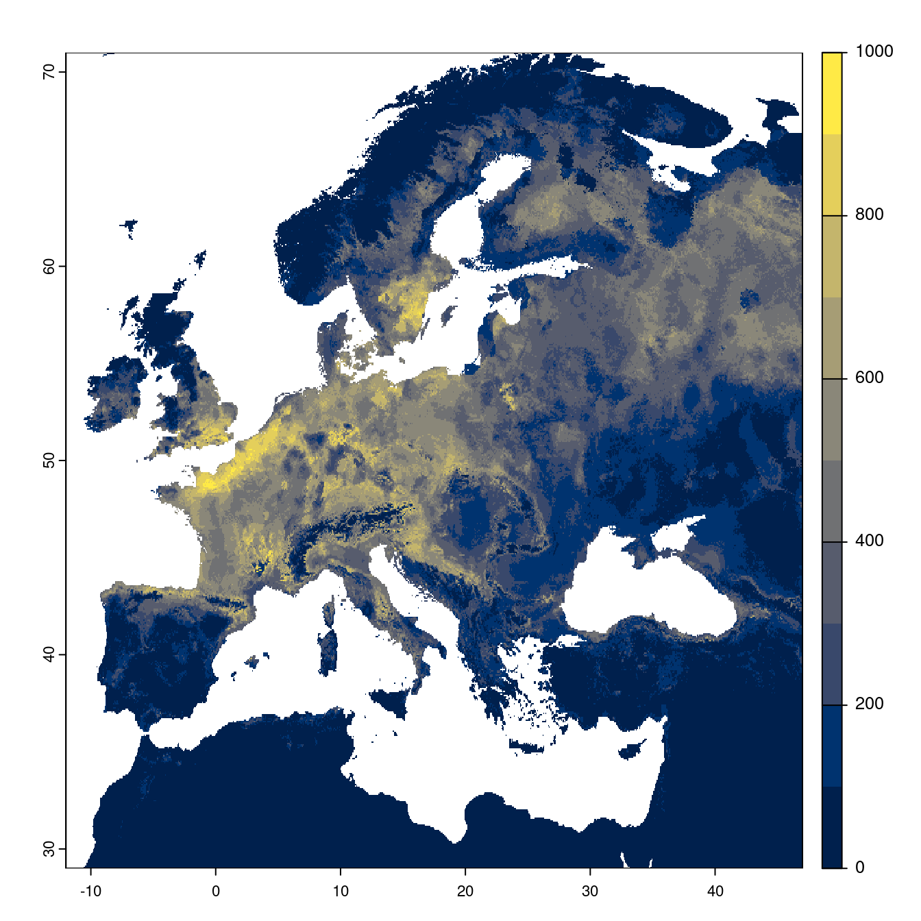 Projection des distributions potentielles futures jusqu'à l'horizon 2100 sous le scénario SSP2-4.5 (modèle d'ensemble).