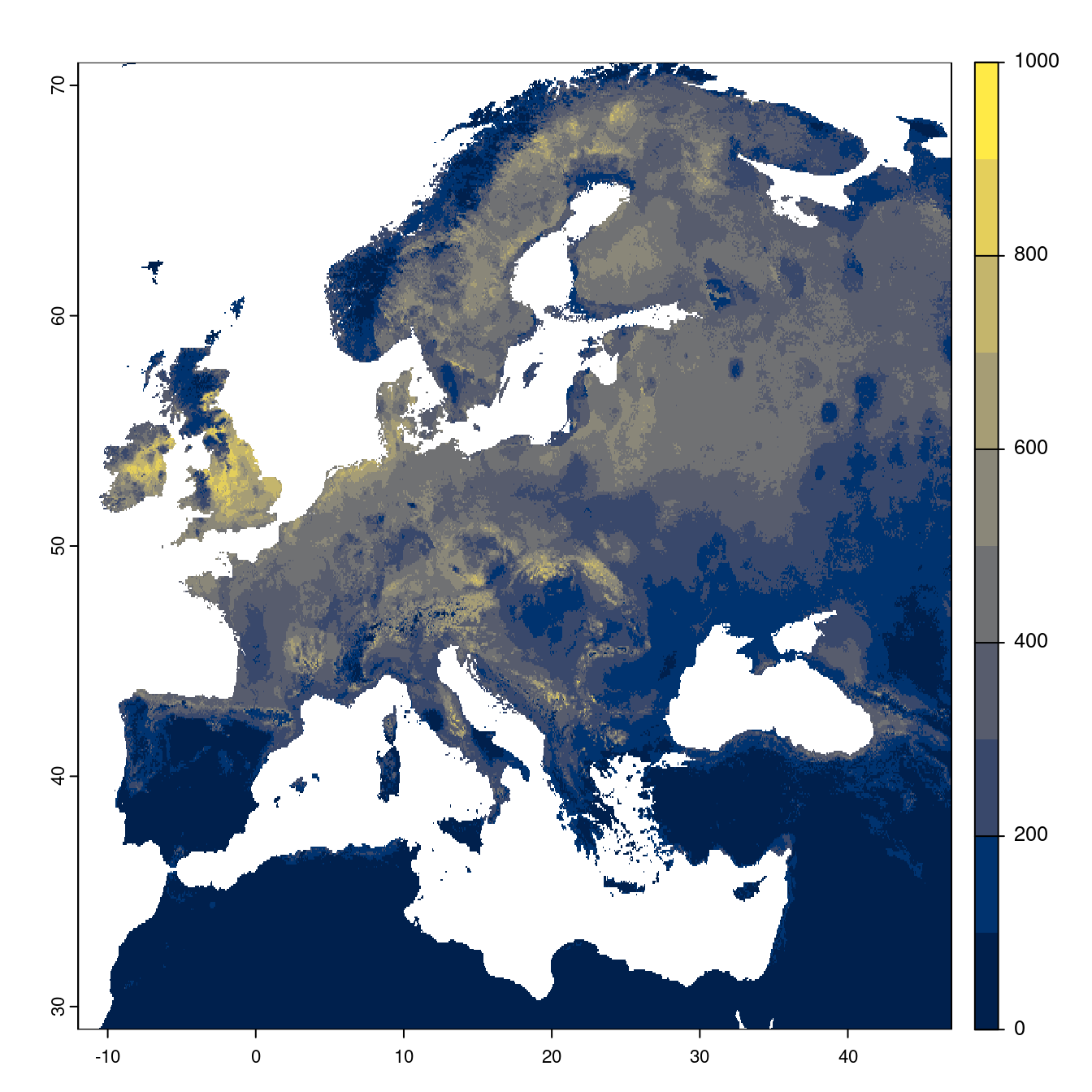 Projection des distributions potentielles futures jusqu'à l'horizon 2100 sous le scénario SSP3-7.0 (modèle d'ensemble).