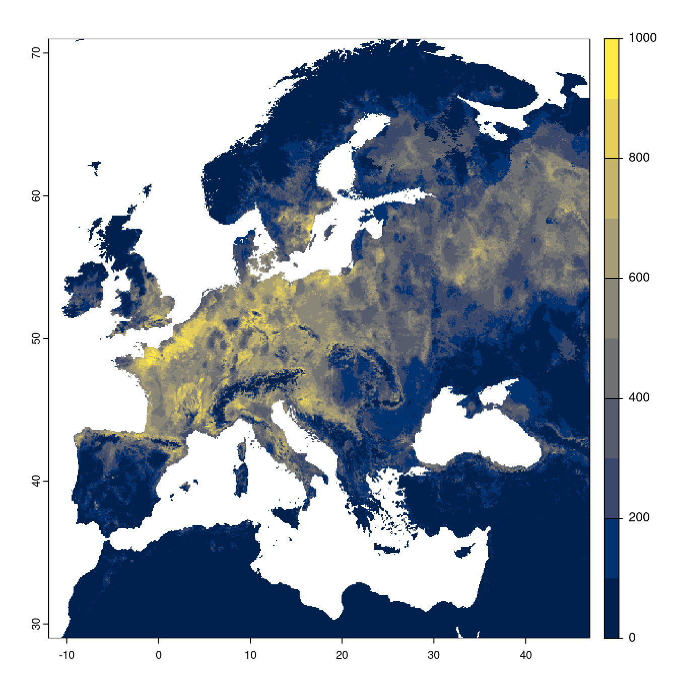 Projection des distributions potentielles futures jusqu'à l'horizon 2100 sous le scénario SSP5-8.5 (modèle d'ensemble).