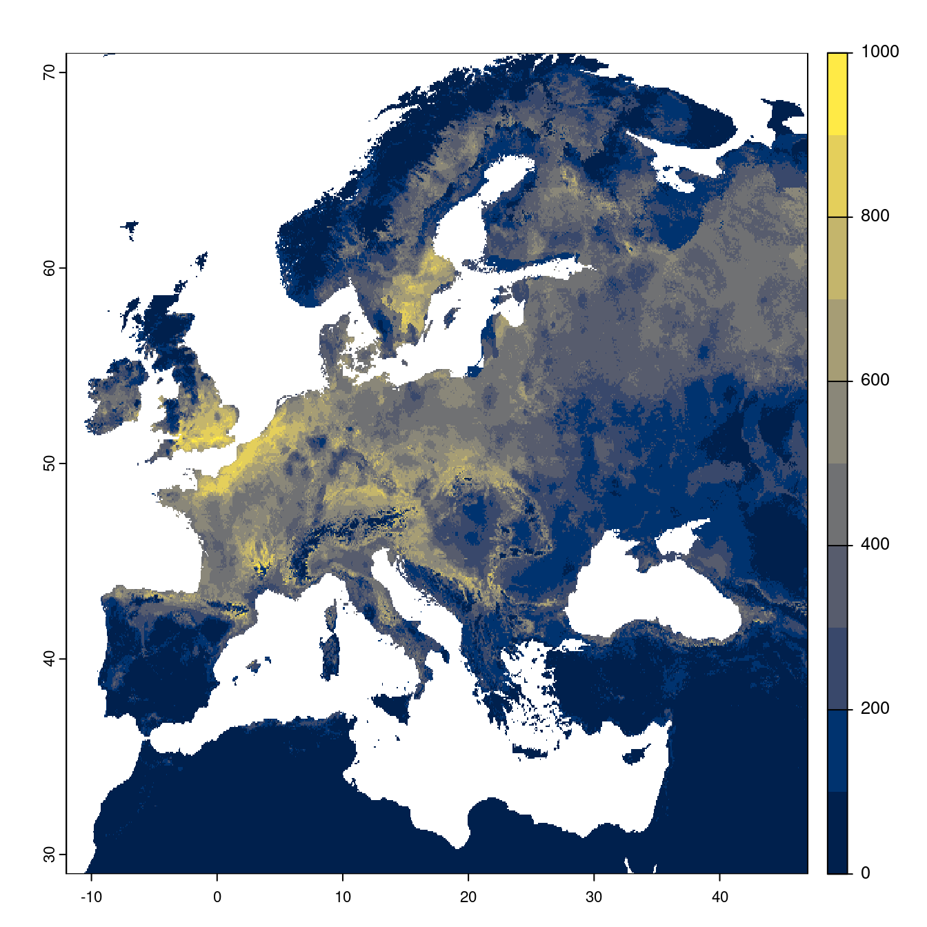 Projection des distributions potentielles futures jusqu'à l'horizon 2100 sous le scénario SSP5-8.5 (modèle d'ensemble).