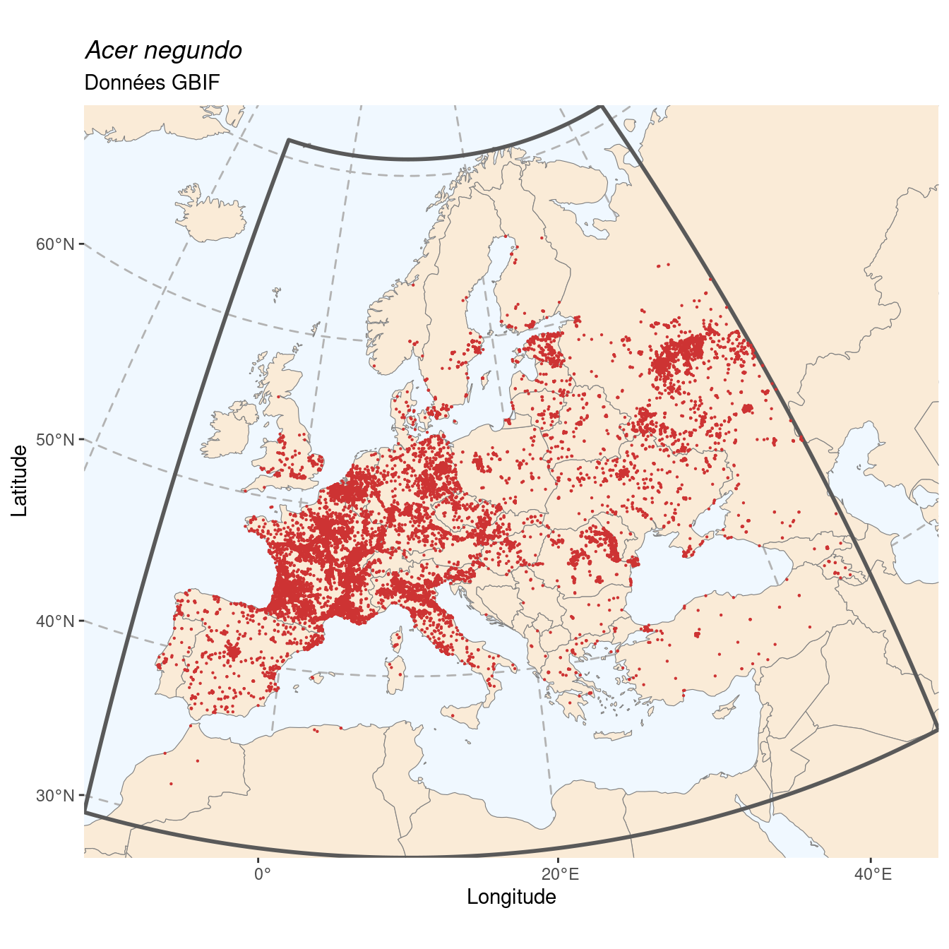 Occurrence de Acer negundo dans la région d'endémisme.