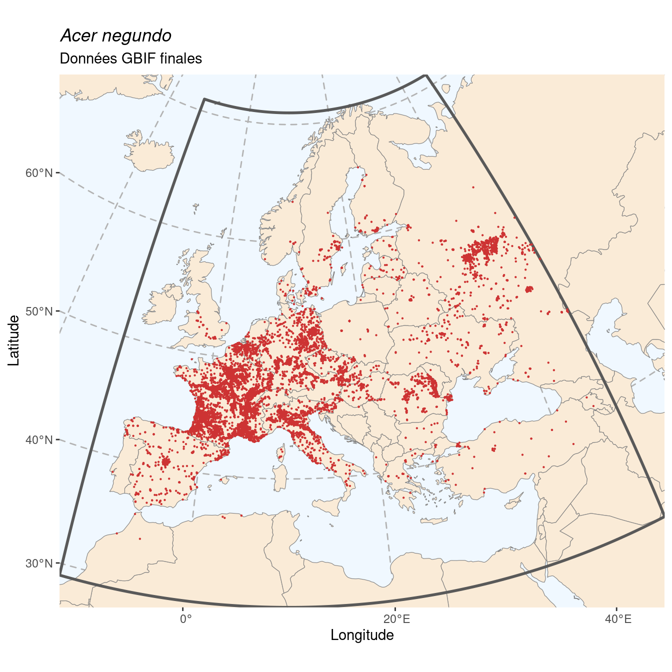 Occurrence de Acer negundo dans la région d'endémisme après sous-échantillonnage éventuel.