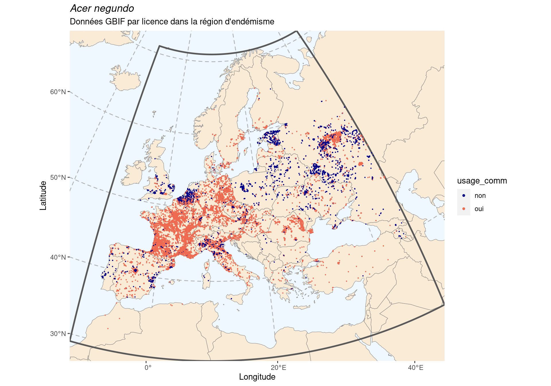 Occurrence de Acer negundo dans la région d'endémisme, selon la licence : CC BY-NC en bleu ; CC0 et CC BY en orange.