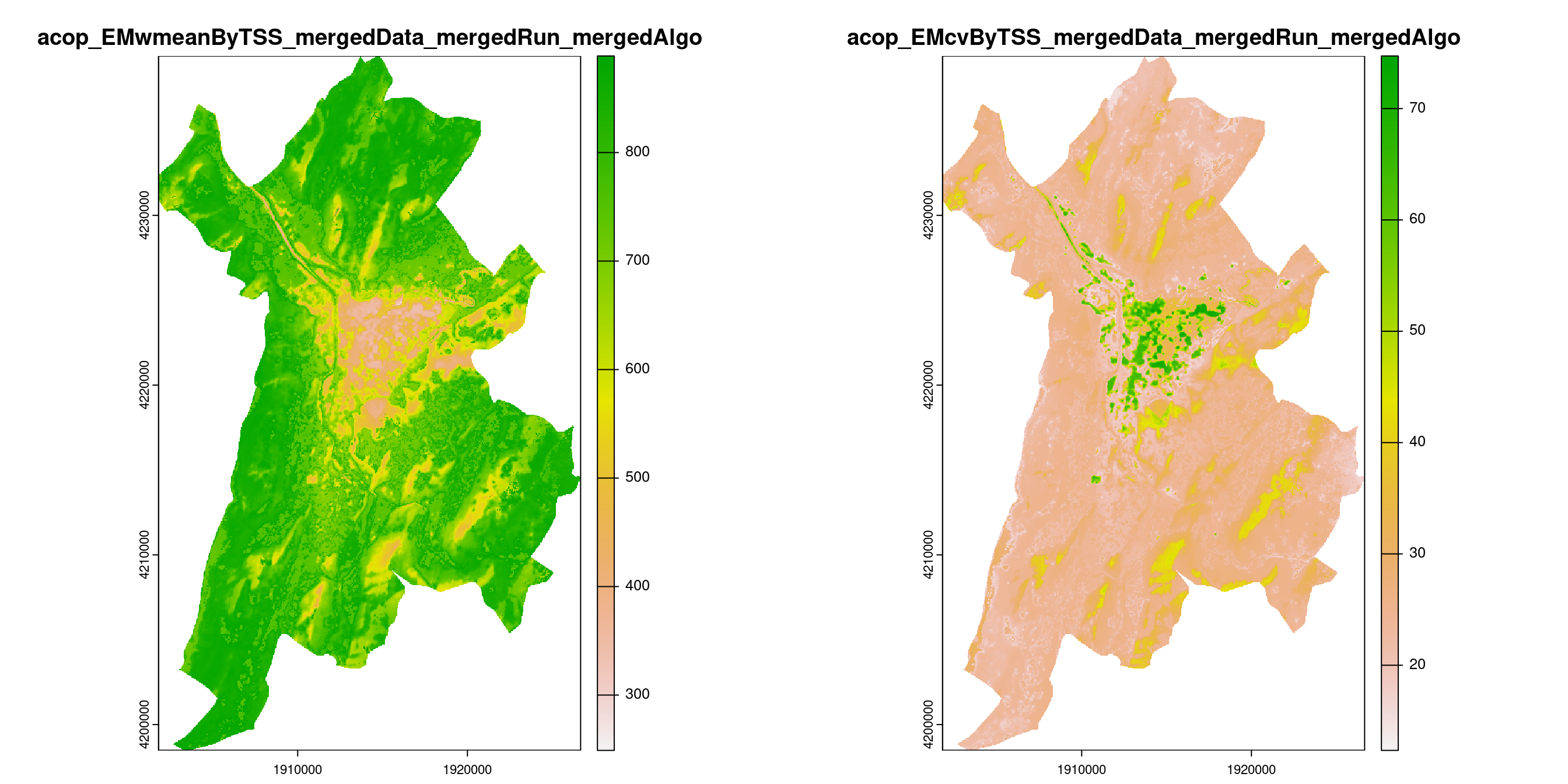 A) Projection de la distribution potentielle contemporaine (modèle d'ensemble) sur la métropole de Grenoble ; B) Incertitude associée à la projection.