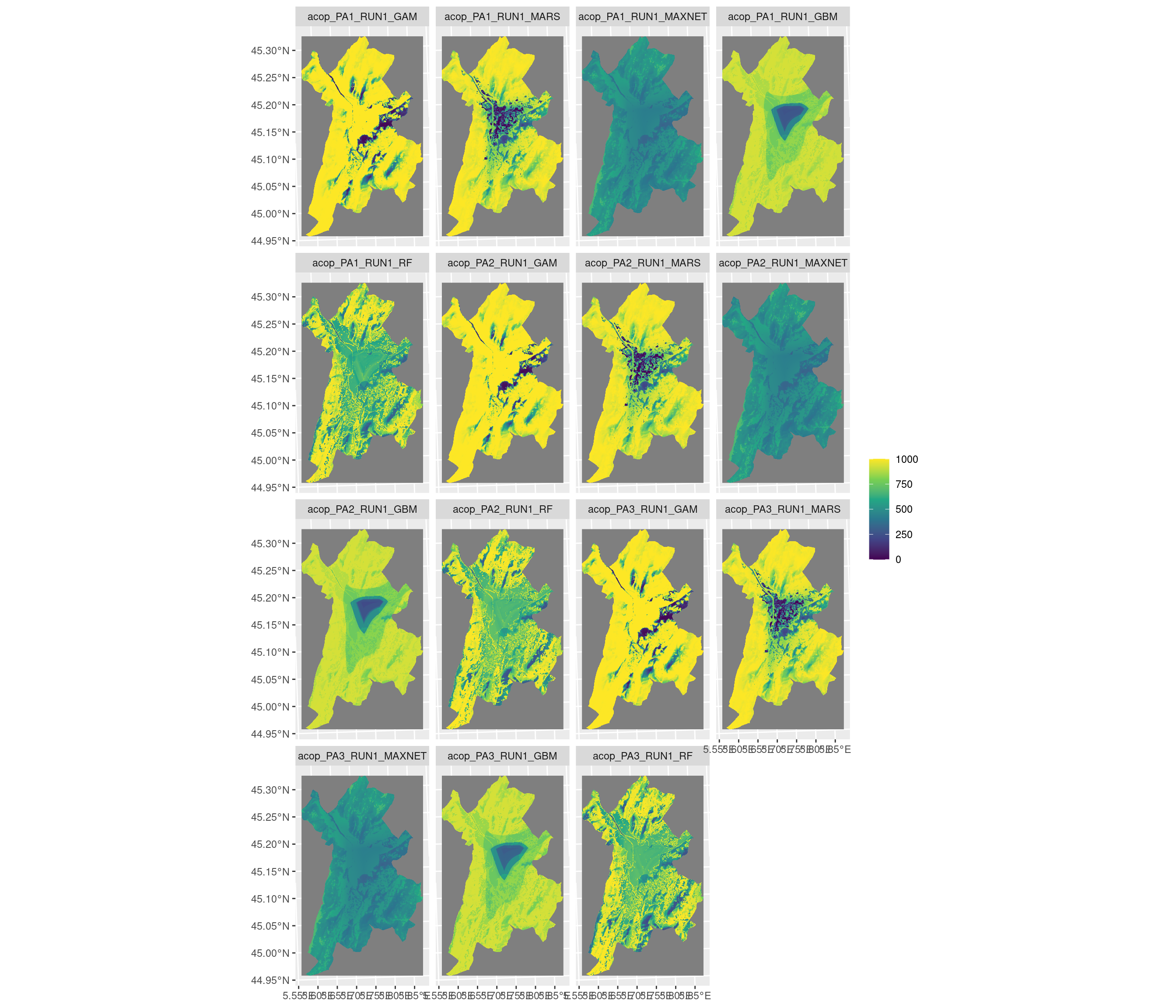 Projection de la distribution potentielle contemporaine sur la métropole de Grenoble, selon les 6 algorithmes et les 3 runs.