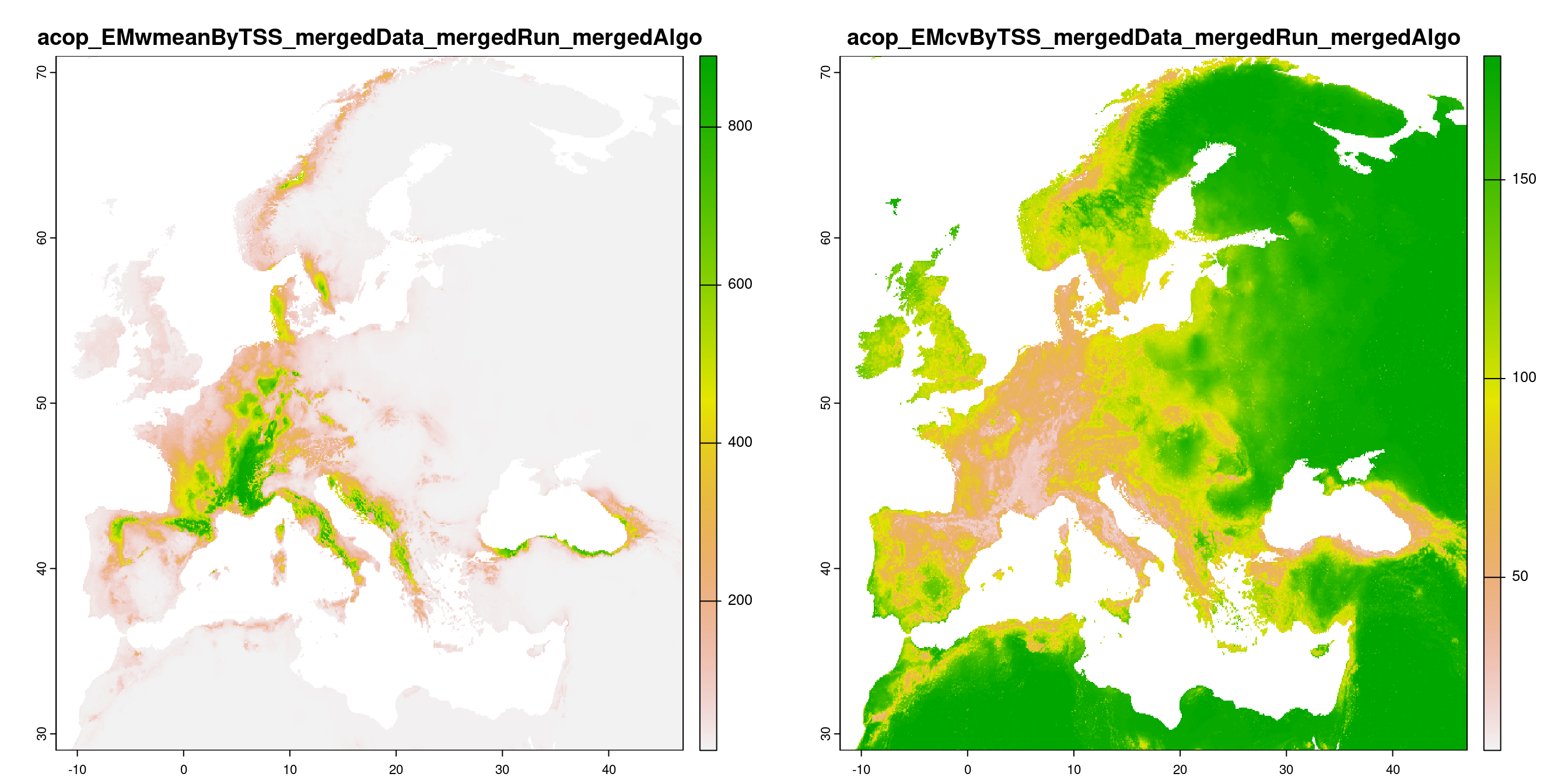 A) Projection de la distribution potentielle contemporaine (modèle d'ensemble) ; B) Incertitude associée à la projection.