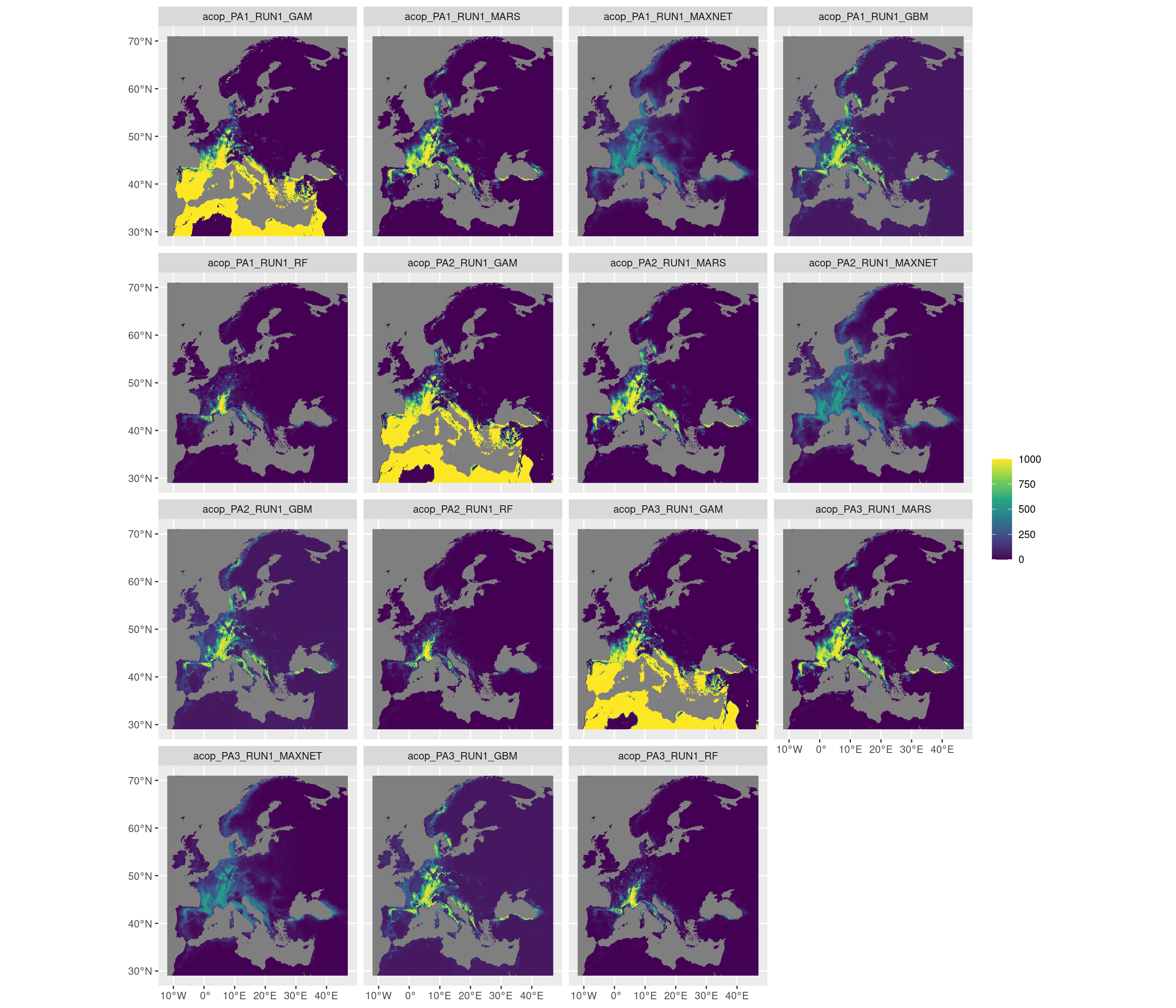 Projection de la distribution potentielle contemporaine sur l'Europe, selon les 6 algorithmes et les 3 runs.