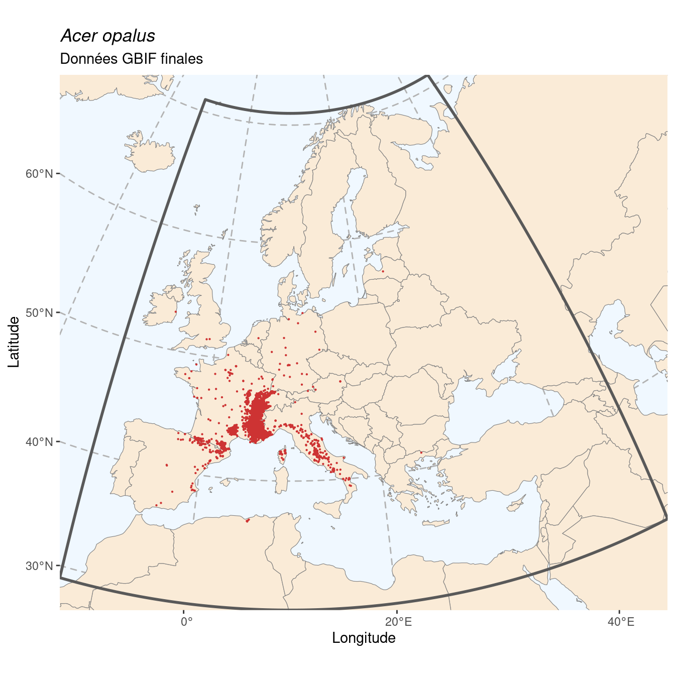 Occurrence de Acer opalus dans la région d'endémisme après sous-échantillonnage éventuel.