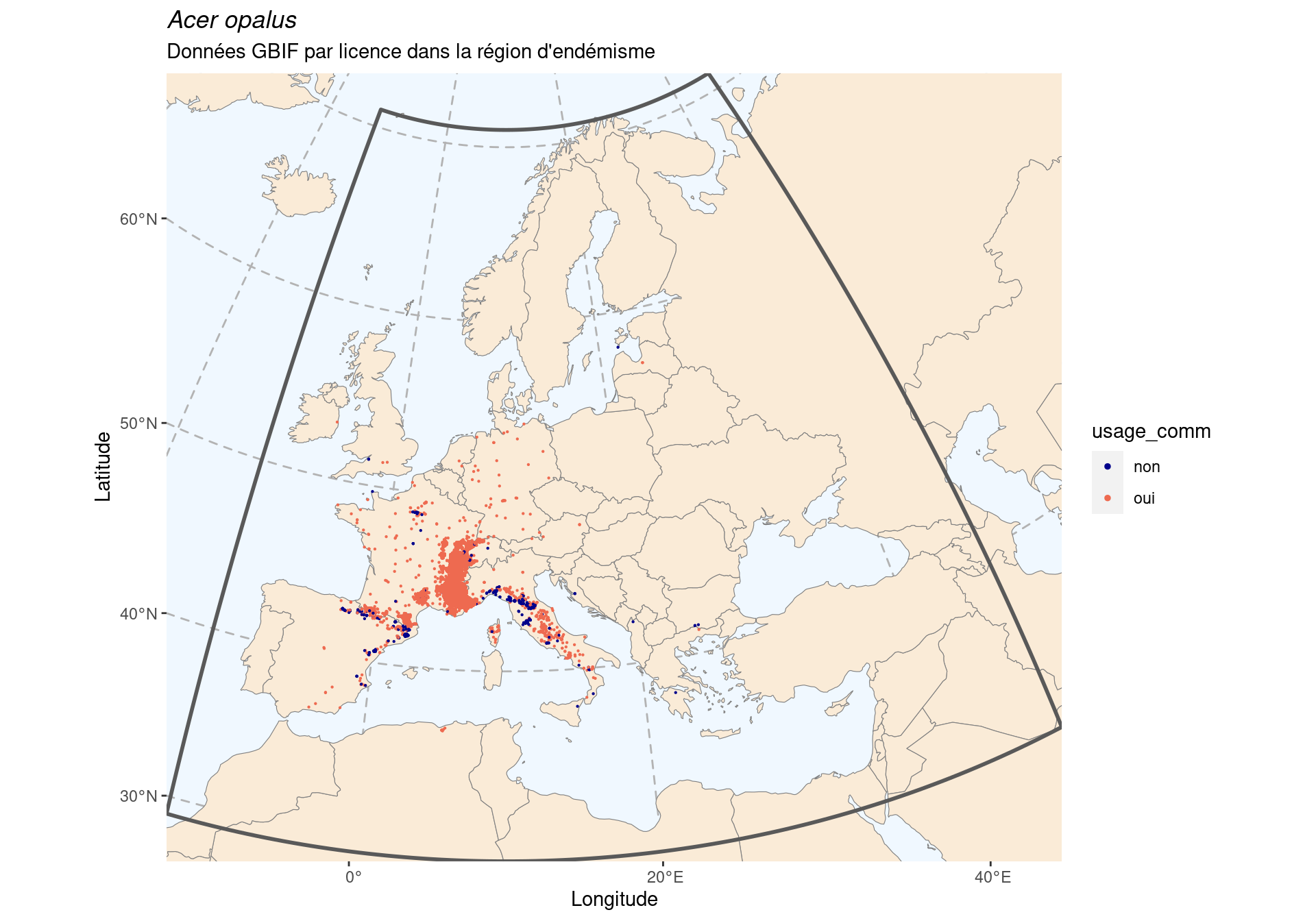 Occurrence de Acer opalus dans la région d'endémisme, selon la licence : CC BY-NC en bleu ; CC0 et CC BY en orange.