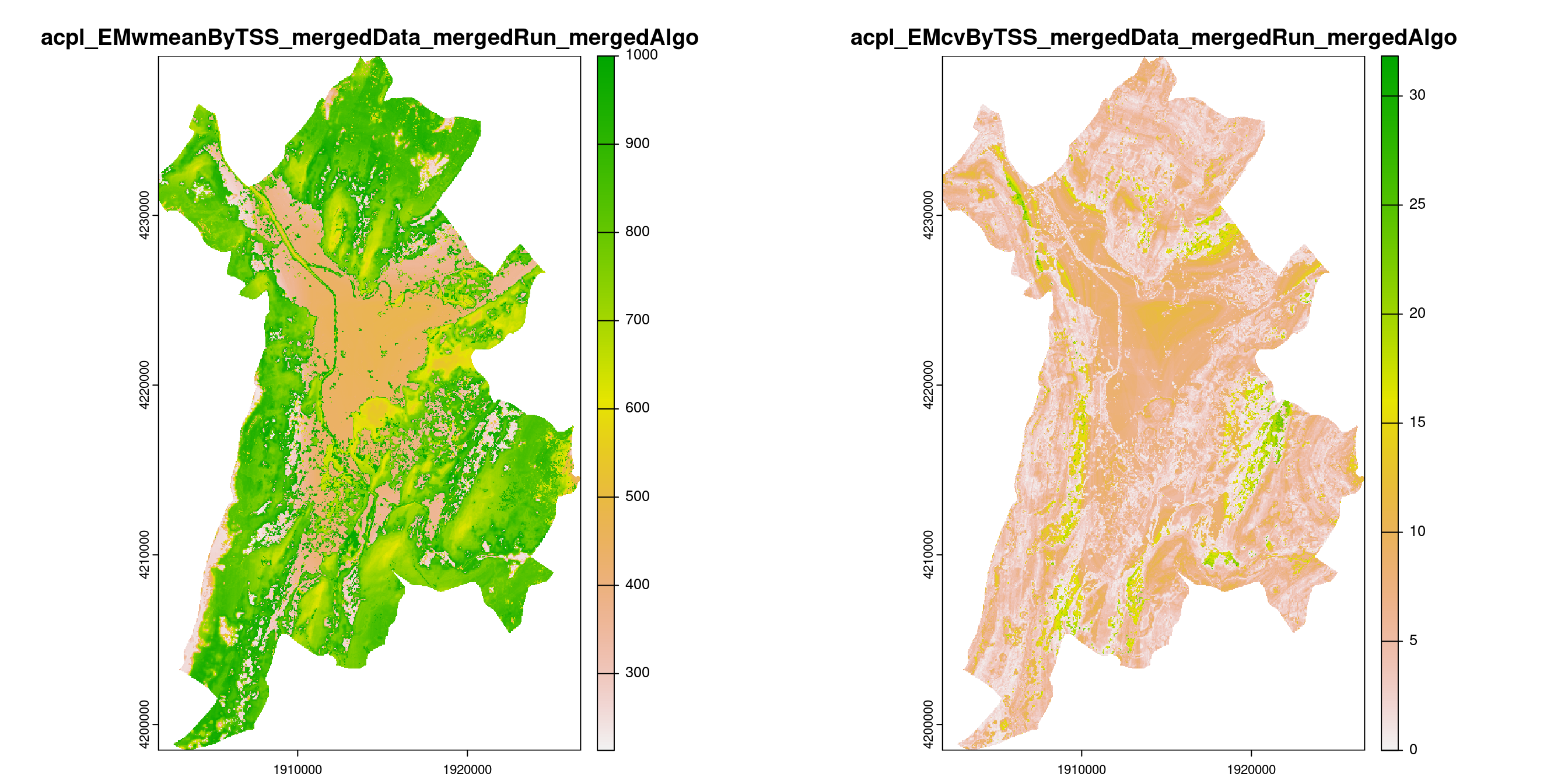 A) Projection de la distribution potentielle contemporaine (modèle d'ensemble) sur la métropole de Grenoble ; B) Incertitude associée à la projection.
