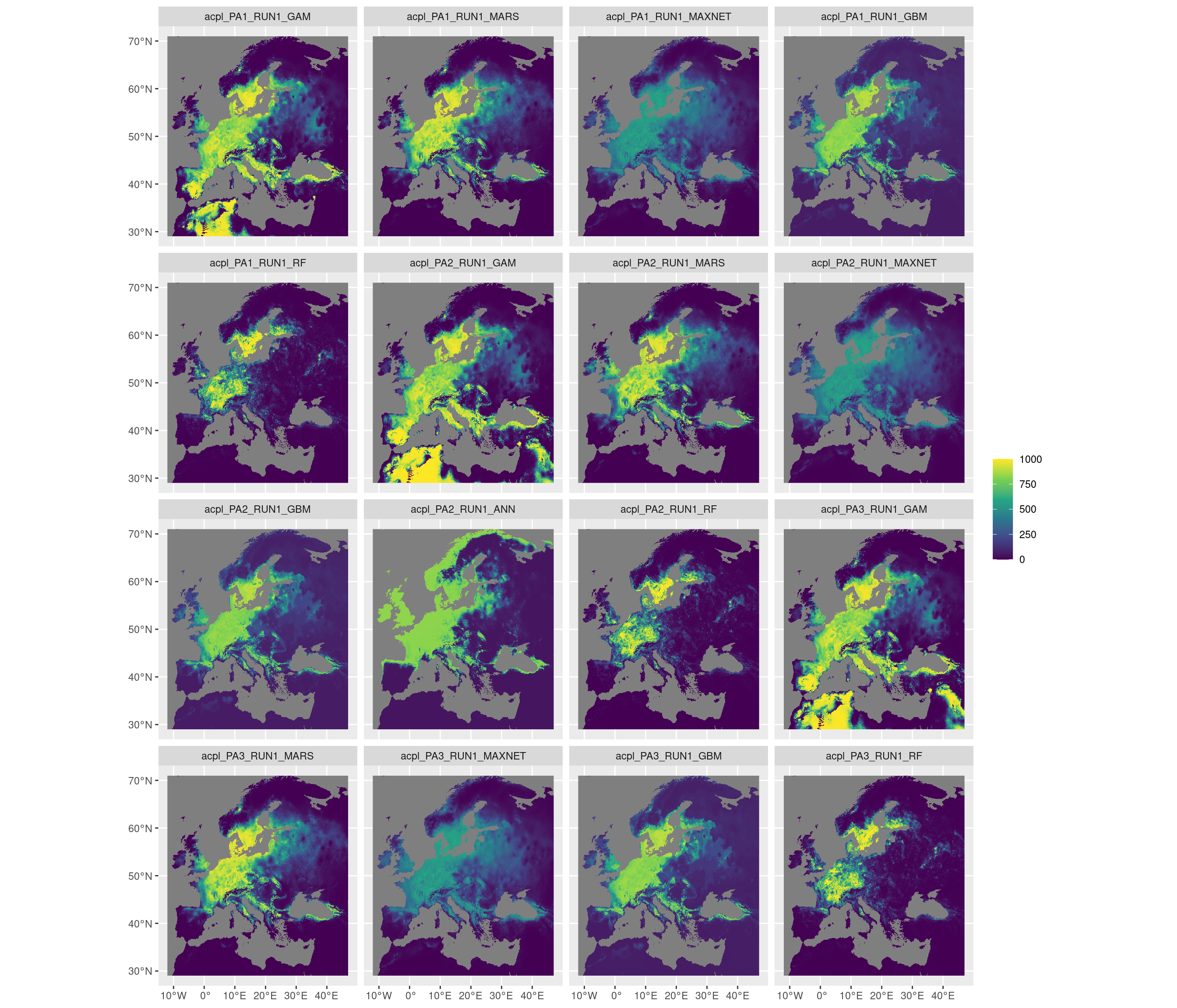 Projection de la distribution potentielle contemporaine sur l'Europe, selon les 6 algorithmes et les 3 runs.