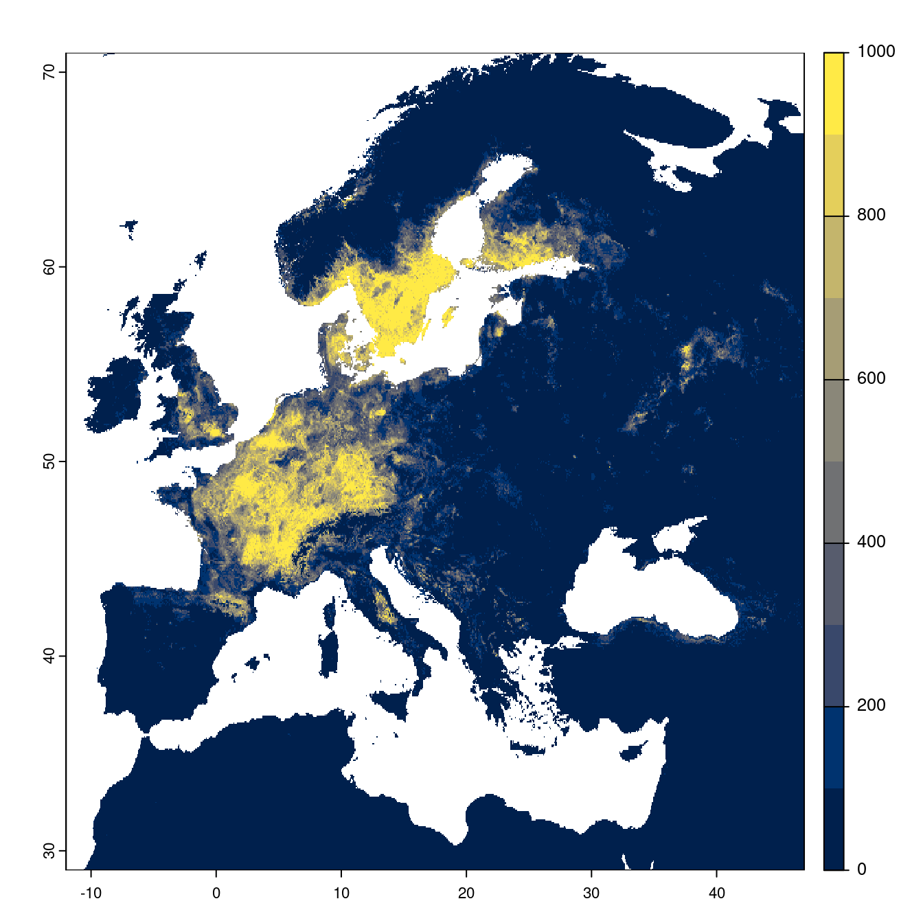 Projection des distributions potentielles futures jusqu'à l'horizon 2100 sous le scénario SSP2-4.5 (modèle d'ensemble).