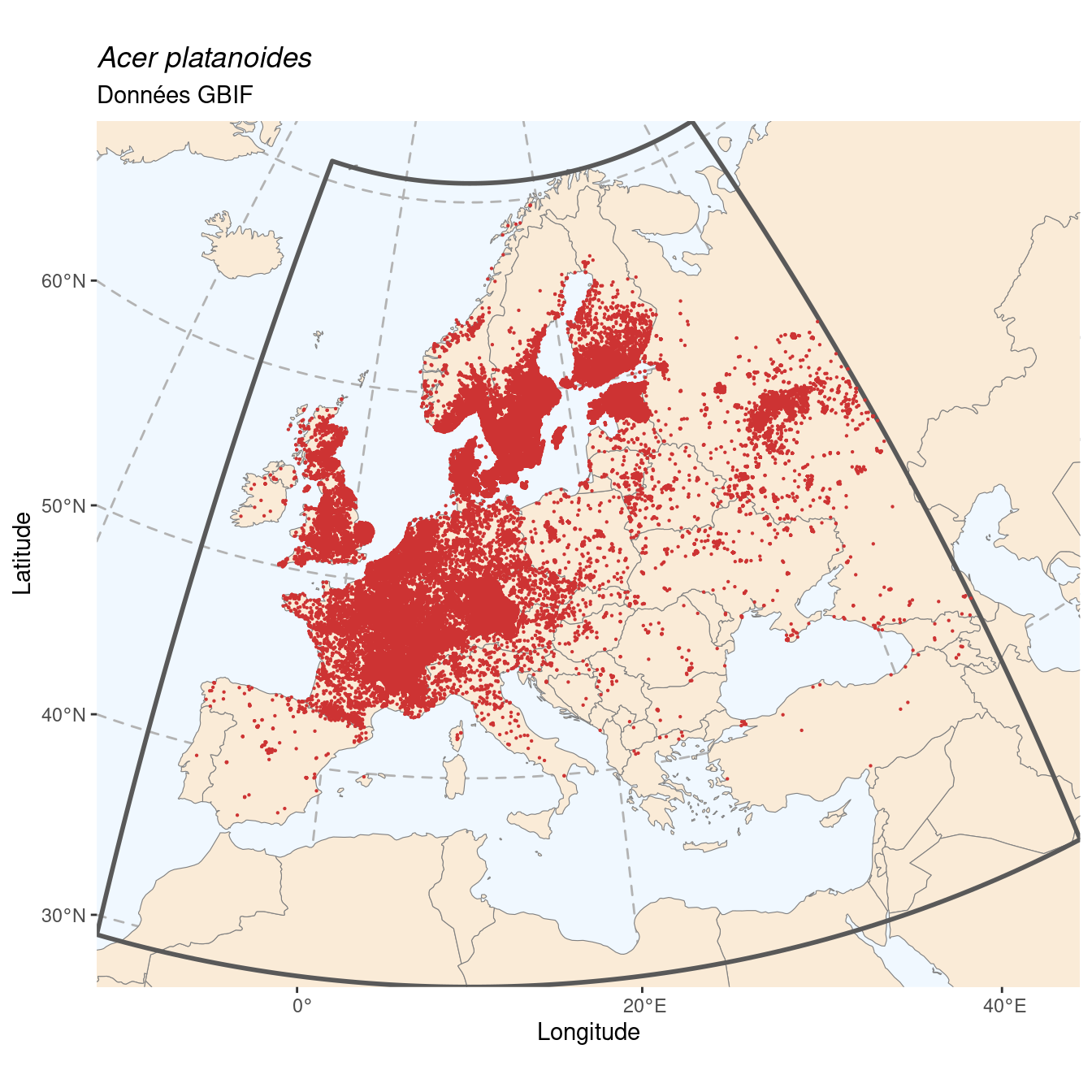 Occurrence de Acer platanoides dans la région d'endémisme.