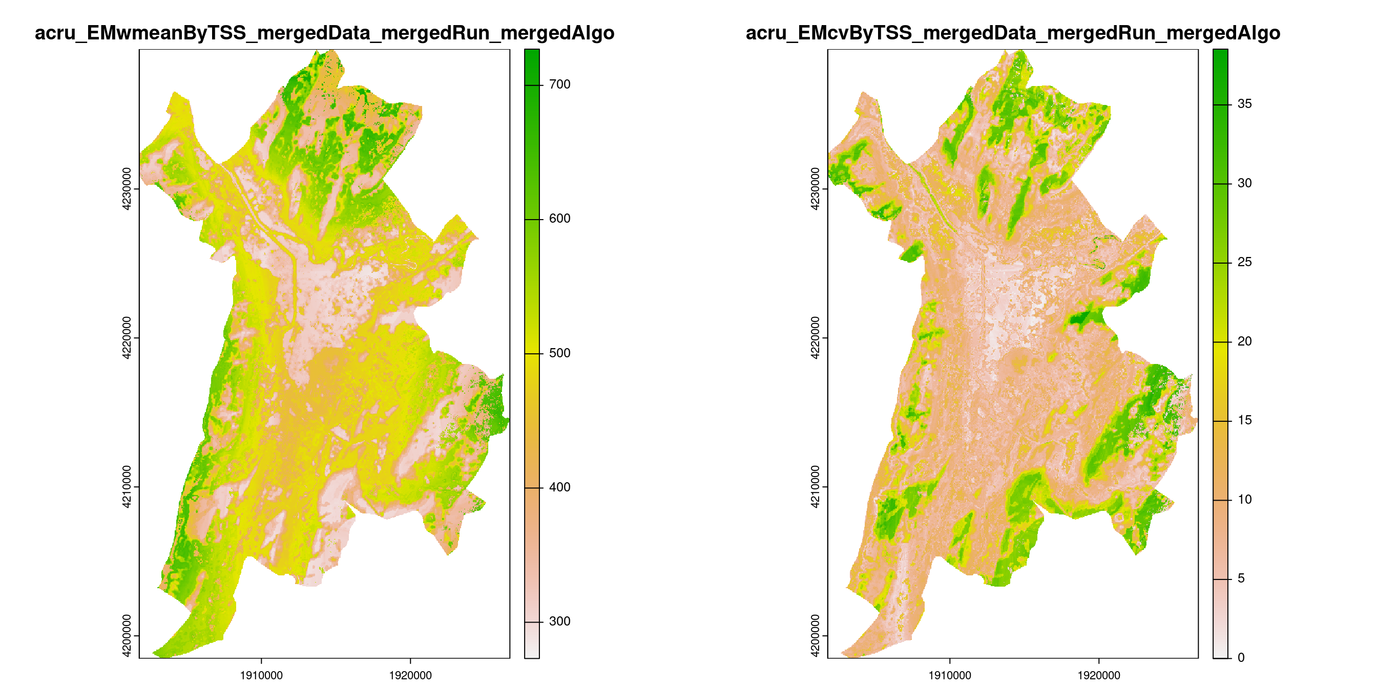 A) Projection de la distribution potentielle contemporaine (modèle d'ensemble) sur la métropole de Grenoble ; B) Incertitude associée à la projection.