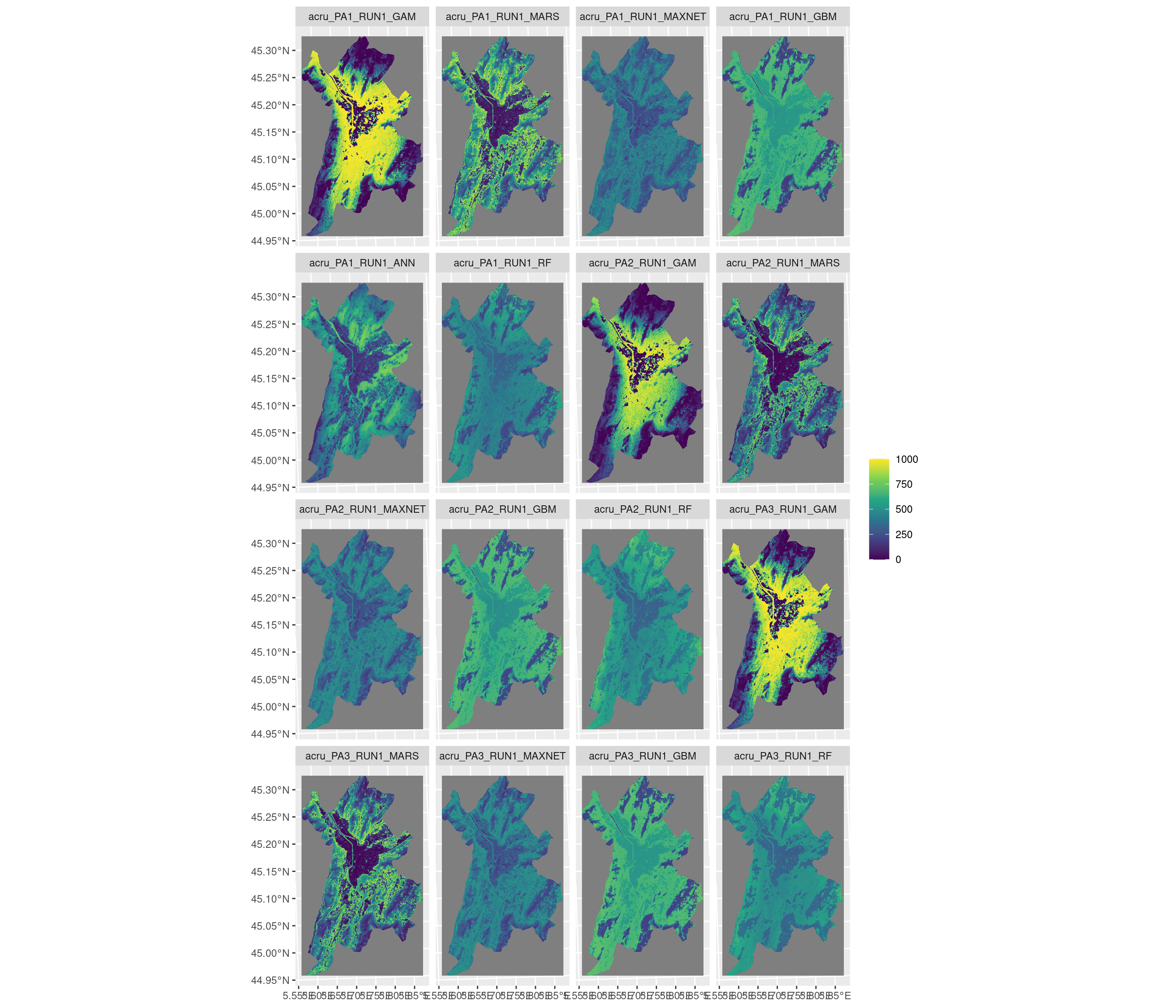 Projection de la distribution potentielle contemporaine sur la métropole de Grenoble, selon les 6 algorithmes et les 3 runs.