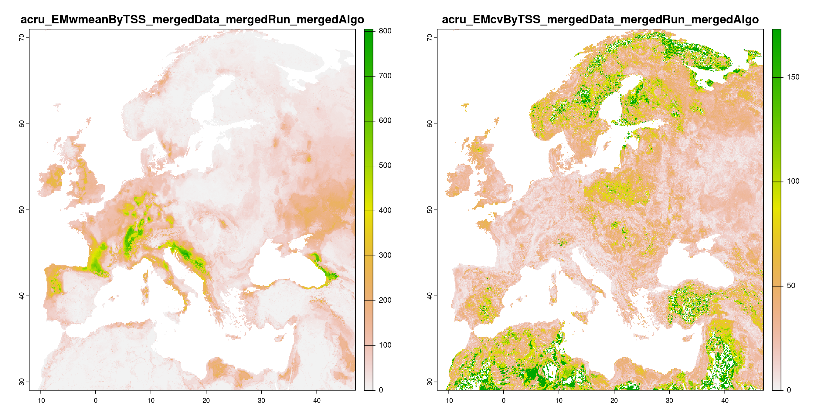 A) Projection de la distribution potentielle contemporaine (modèle d'ensemble) ; B) Incertitude associée à la projection.