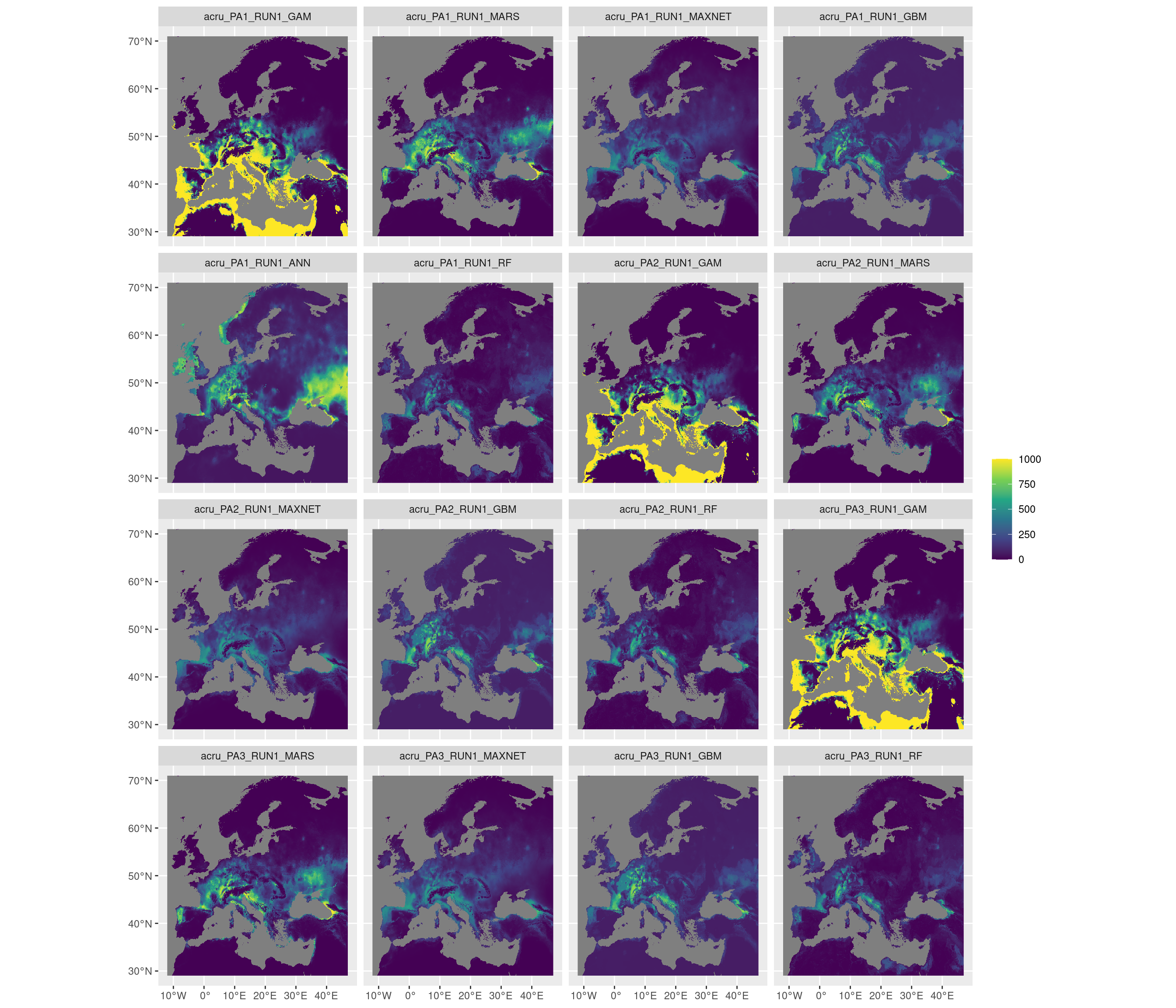 Projection de la distribution potentielle contemporaine sur l'Europe, selon les 6 algorithmes et les 3 runs.