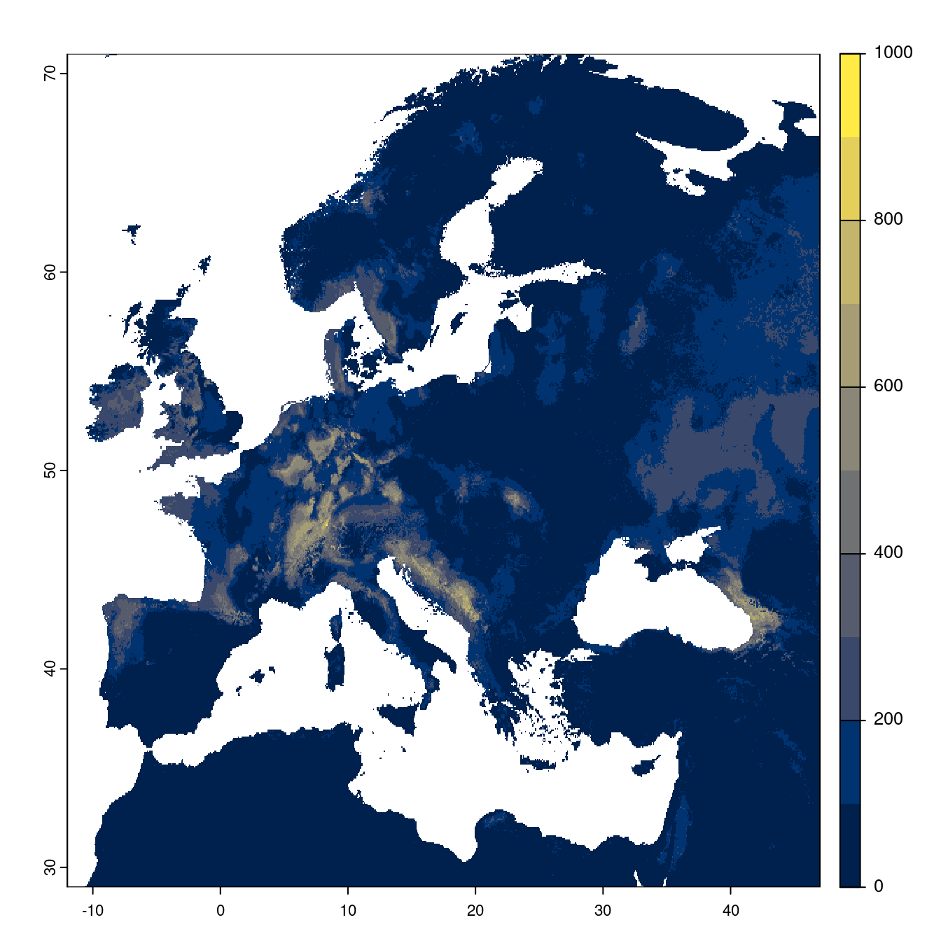Projection des distributions potentielles futures jusqu'à l'horizon 2100 sous le scénario SSP2-4.5 (modèle d'ensemble).