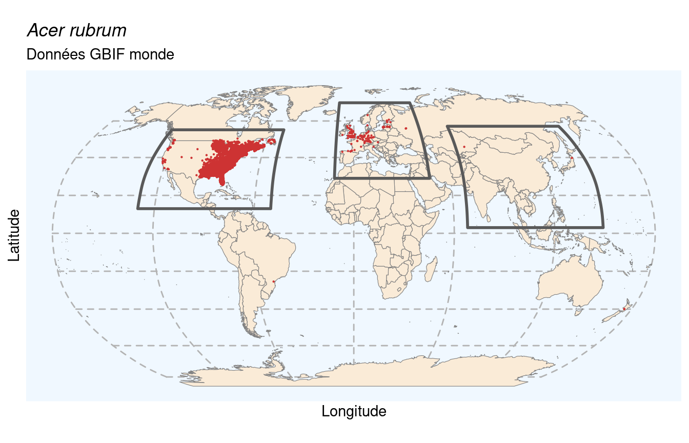 Occurrences de Acer rubrum dans le monde.