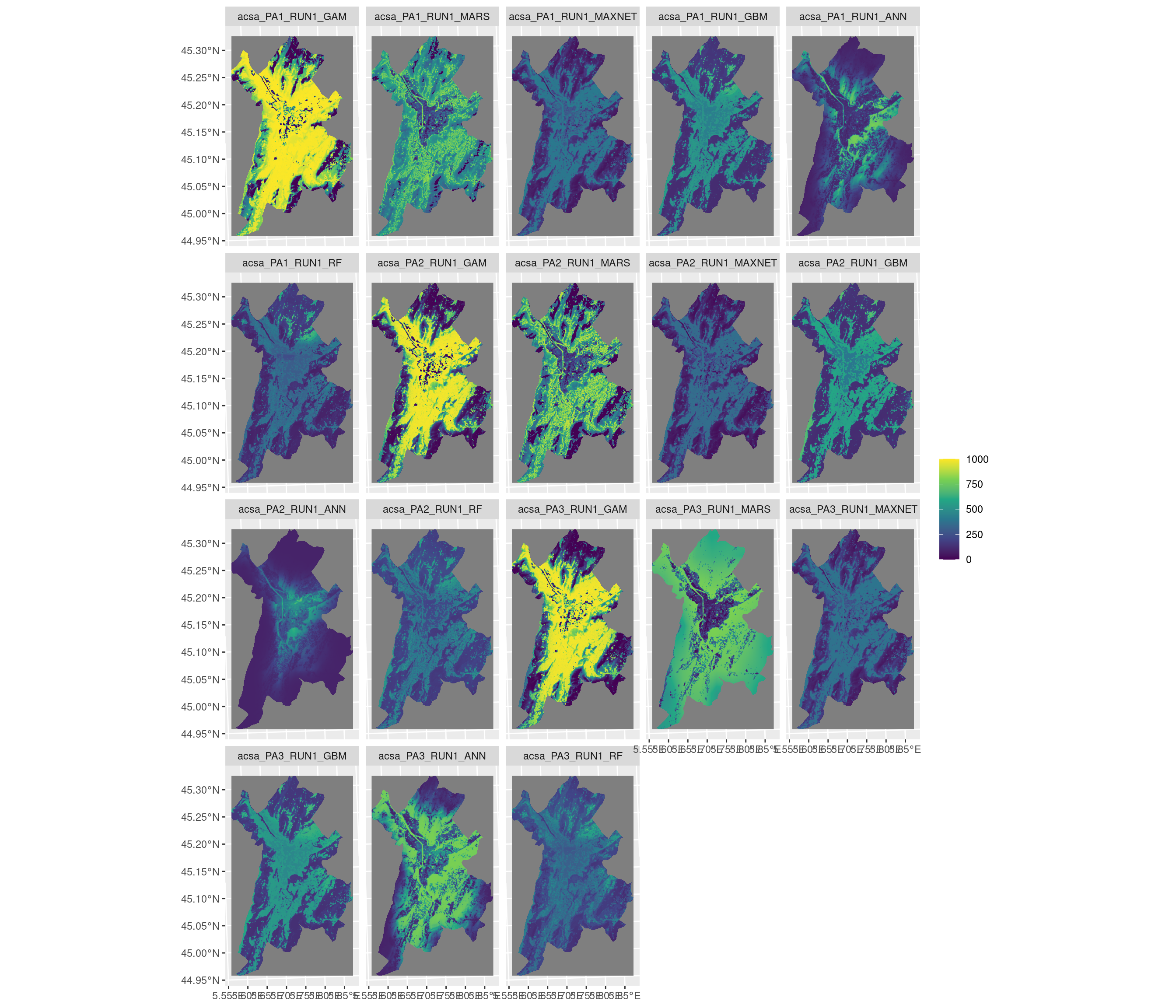 Projection de la distribution potentielle contemporaine sur la métropole de Grenoble, selon les 6 algorithmes et les 3 runs.