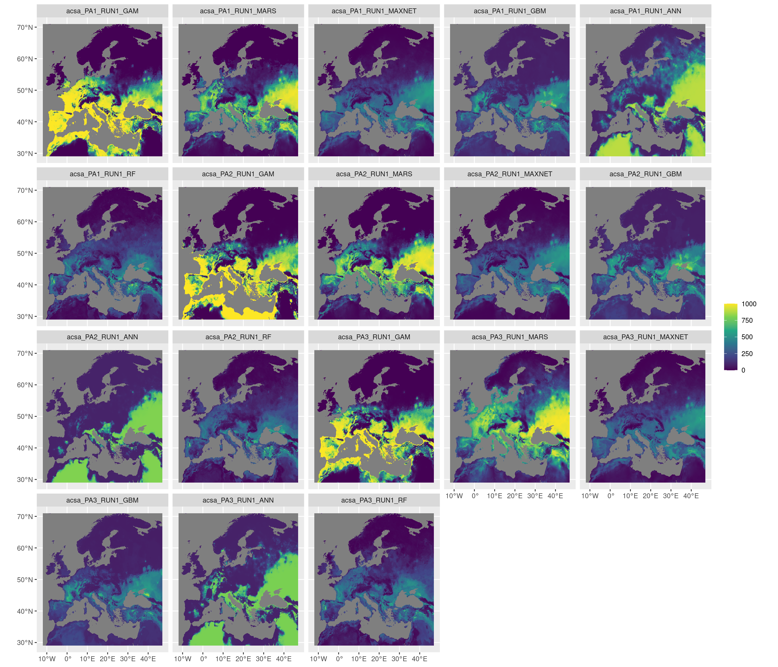 Projection de la distribution potentielle contemporaine sur l'Europe, selon les 6 algorithmes et les 3 runs.
