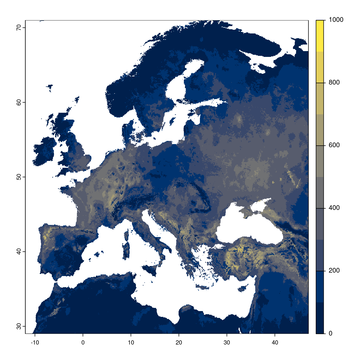 Projection des distributions potentielles futures jusqu'à l'horizon 2100 sous le scénario SSP1-2.6 (modèle d'ensemble).