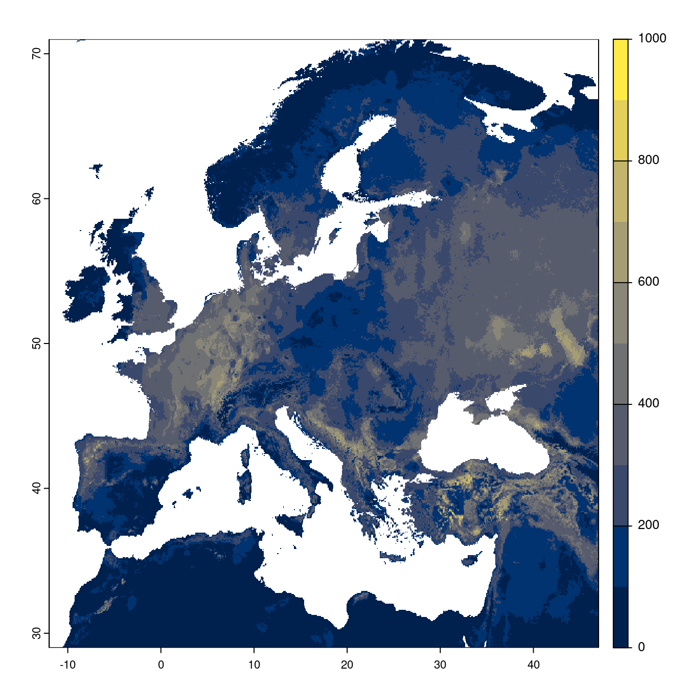 Projection des distributions potentielles futures jusqu'à l'horizon 2100 sous le scénario SSP2-4.5 (modèle d'ensemble).