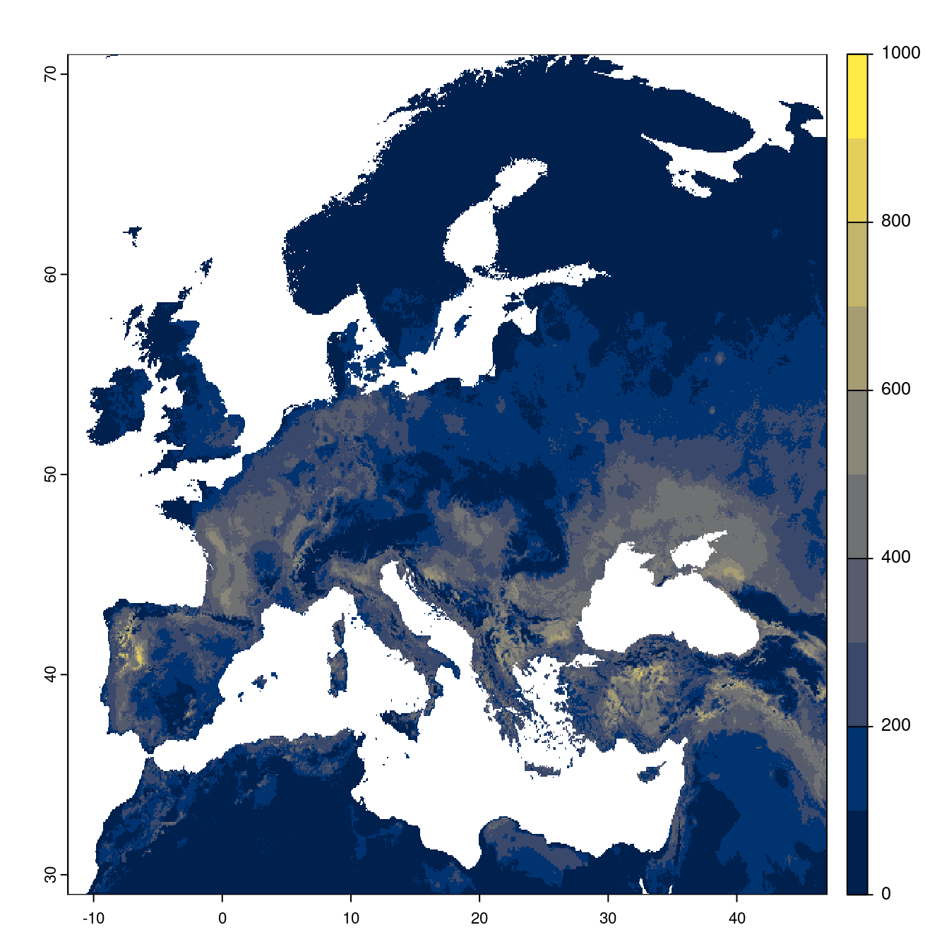 Projection des distributions potentielles futures jusqu'à l'horizon 2100 sous le scénario SSP3-7.0 (modèle d'ensemble).