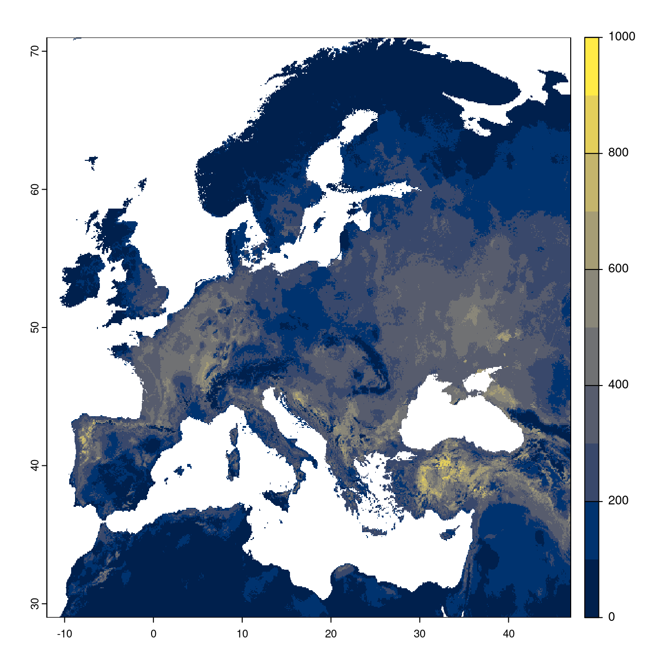 Projection des distributions potentielles futures jusqu'à l'horizon 2100 sous le scénario SSP3-7.0 (modèle d'ensemble).