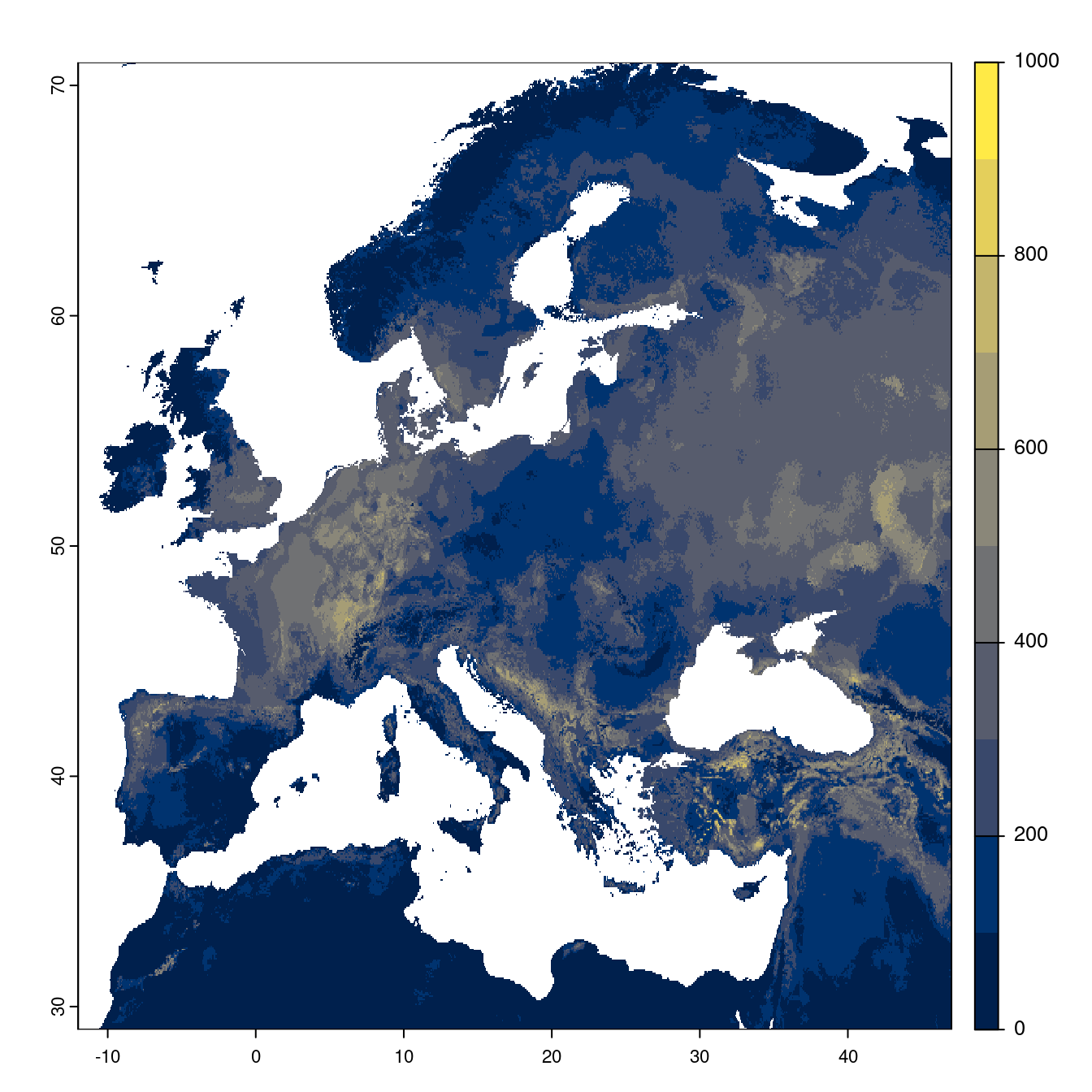 Projection des distributions potentielles futures jusqu'à l'horizon 2100 sous le scénario SSP3-7.0 (modèle d'ensemble).