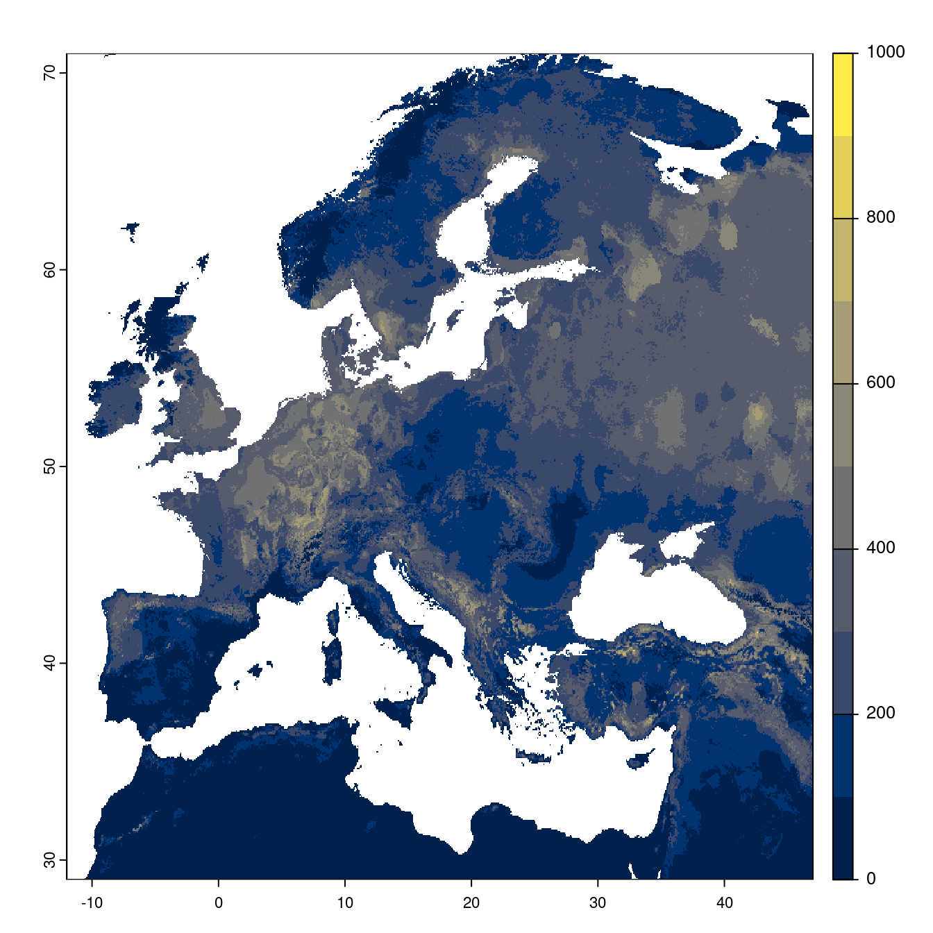 Projection des distributions potentielles futures jusqu'à l'horizon 2100 sous le scénario SSP3-7.0 (modèle d'ensemble).