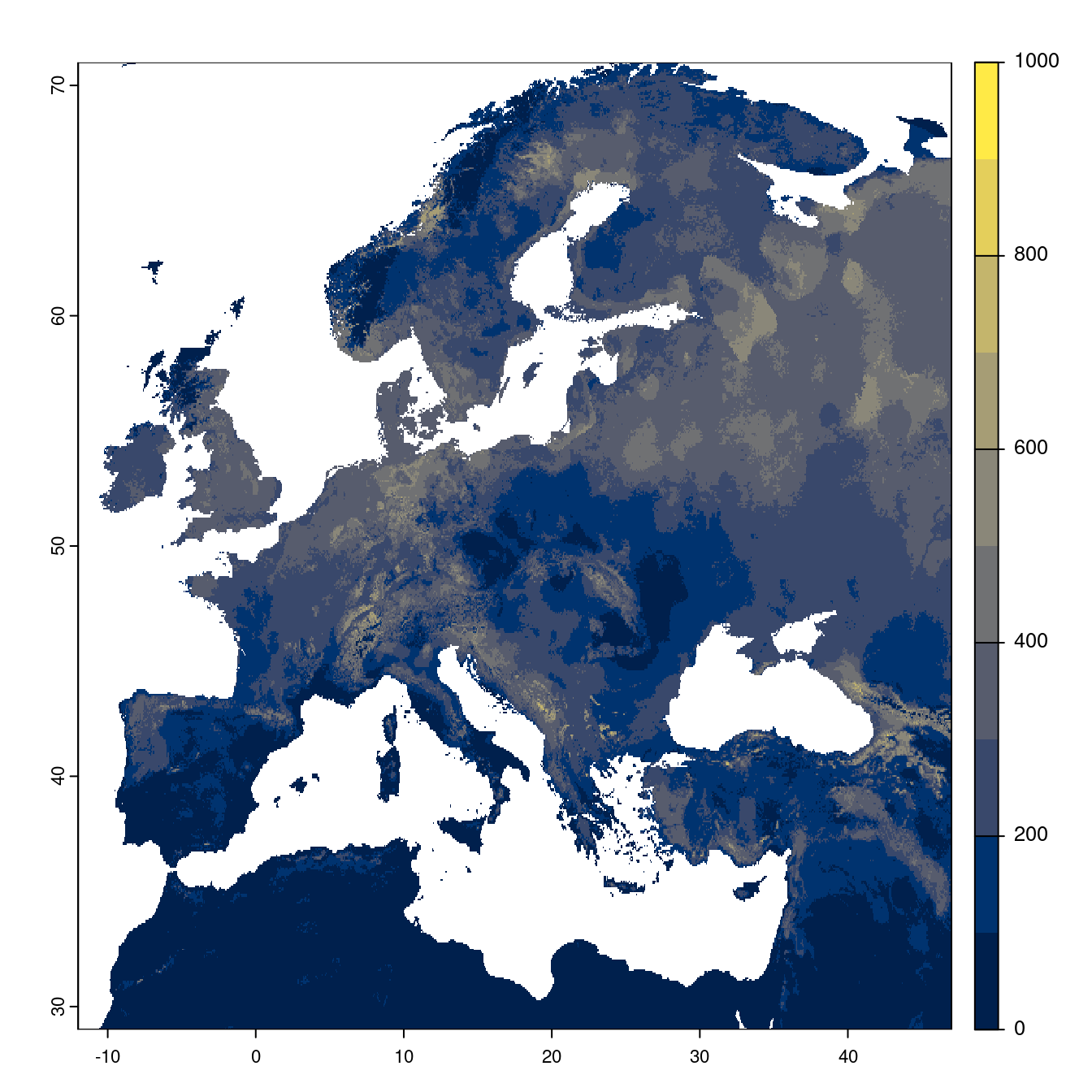 Projection des distributions potentielles futures jusqu'à l'horizon 2100 sous le scénario SSP5-8.5 (modèle d'ensemble).