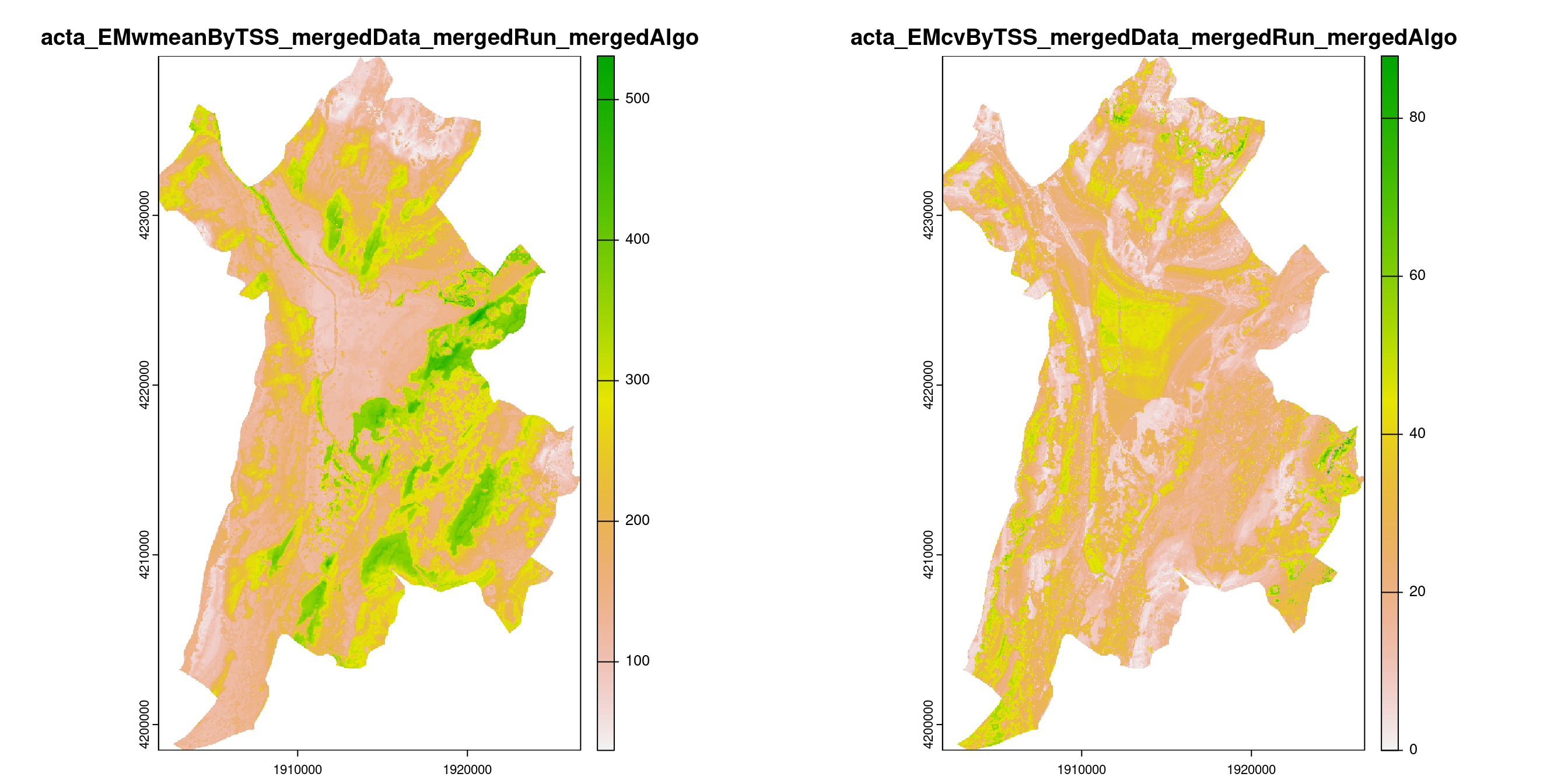 A) Projection de la distribution potentielle contemporaine (modèle d'ensemble) sur la métropole de Grenoble ; B) Incertitude associée à la projection.