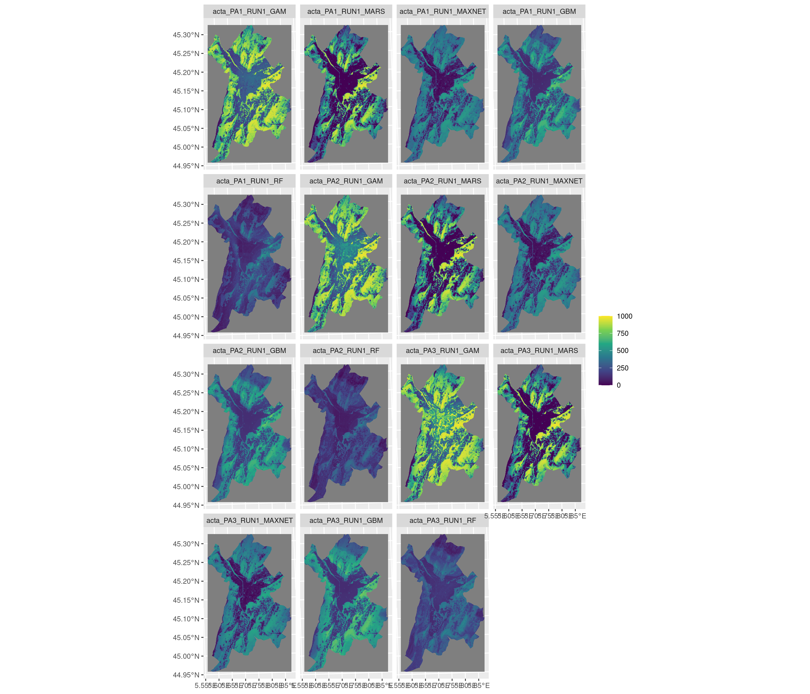 Projection de la distribution potentielle contemporaine sur la métropole de Grenoble, selon les 6 algorithmes et les 3 runs.